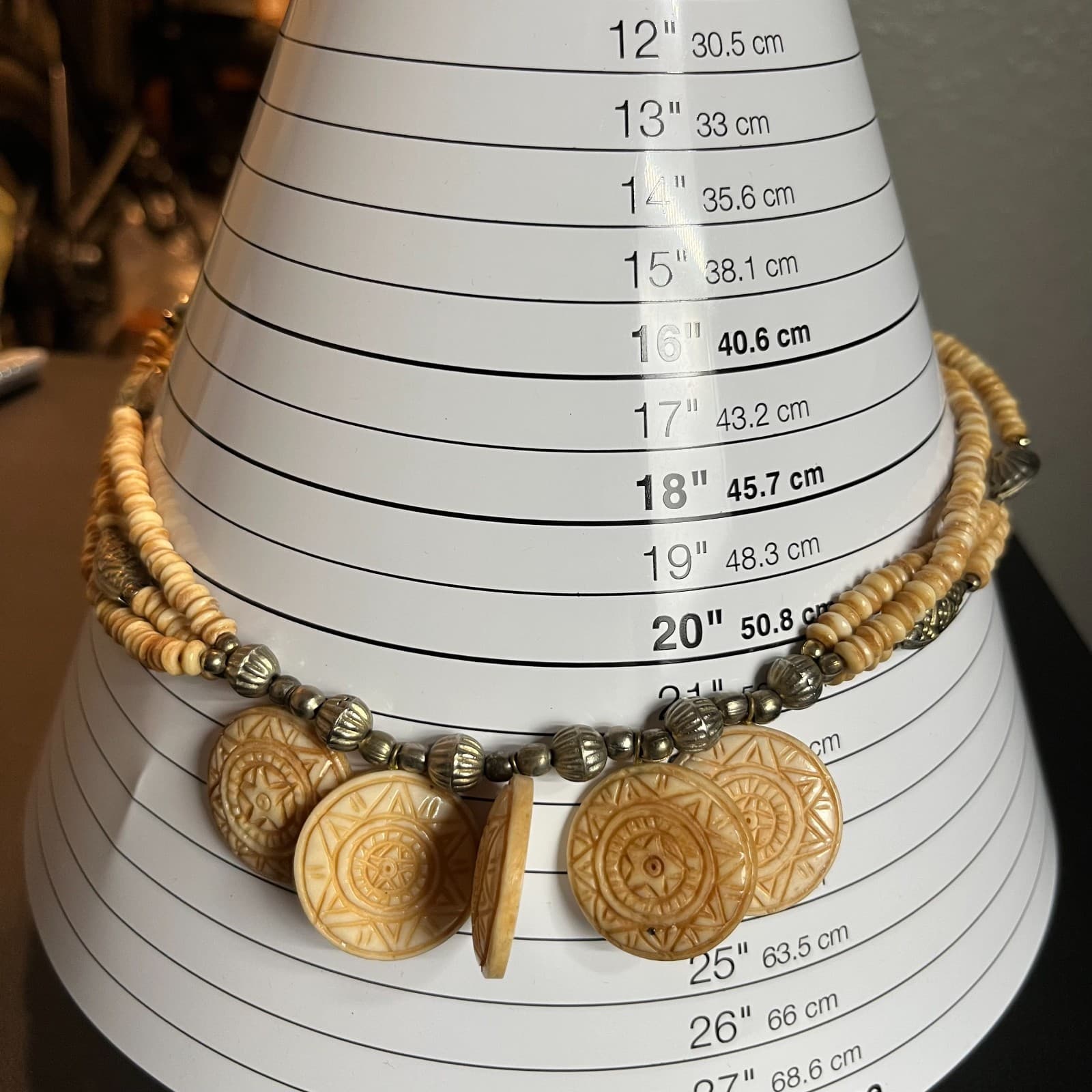 Vtg Carved Disc Necklace Multi Strand Tribal Boho Ethnic Statement Cream - Thumbnail 7