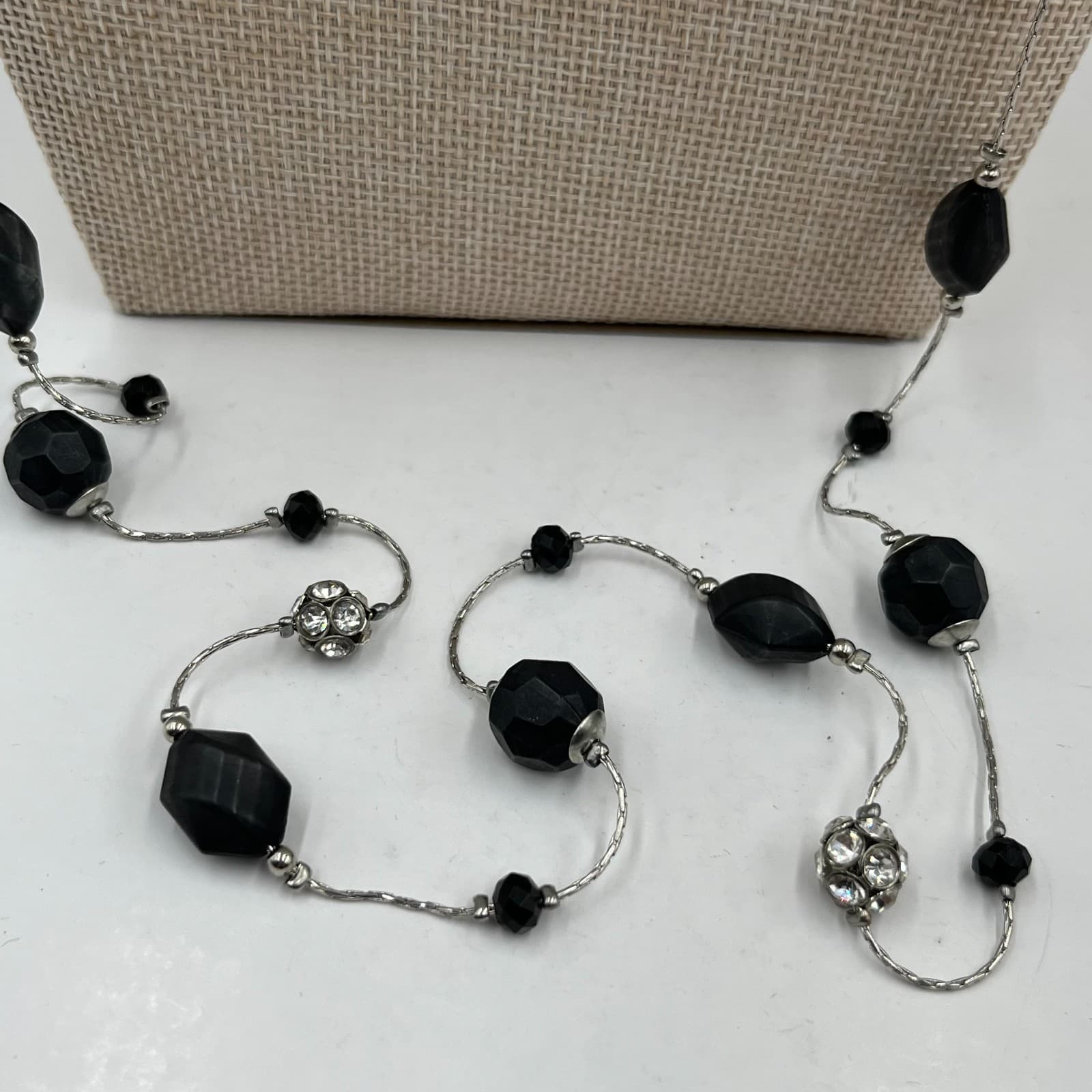 Vintage Black & Silver Faceted Bead Long Station Necklace Opera - Thumbnail 3