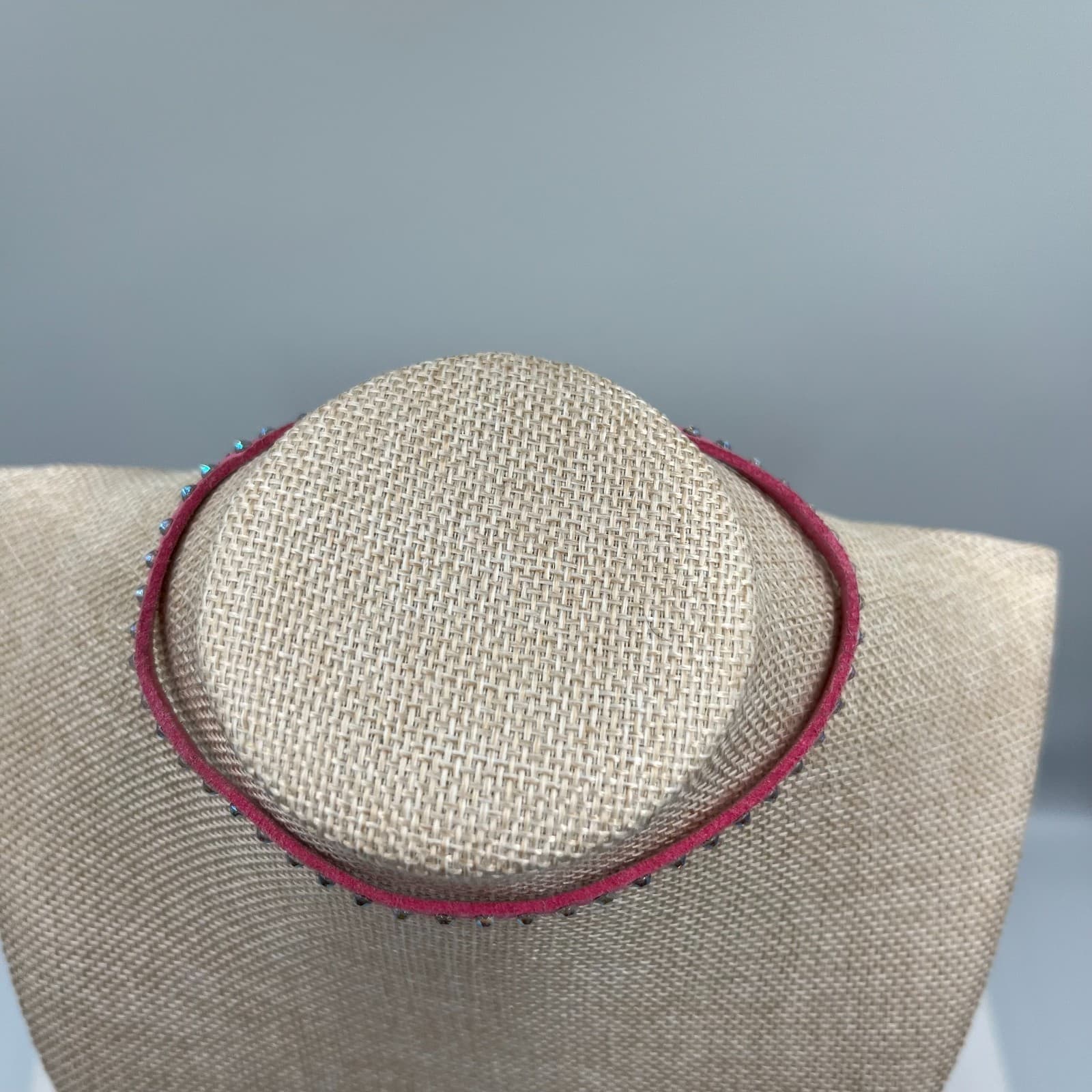 Vintage Rhinestone Choker Necklace Pink Faux Suede 90s Y2K Statement Jewelry - Thumbnail 2