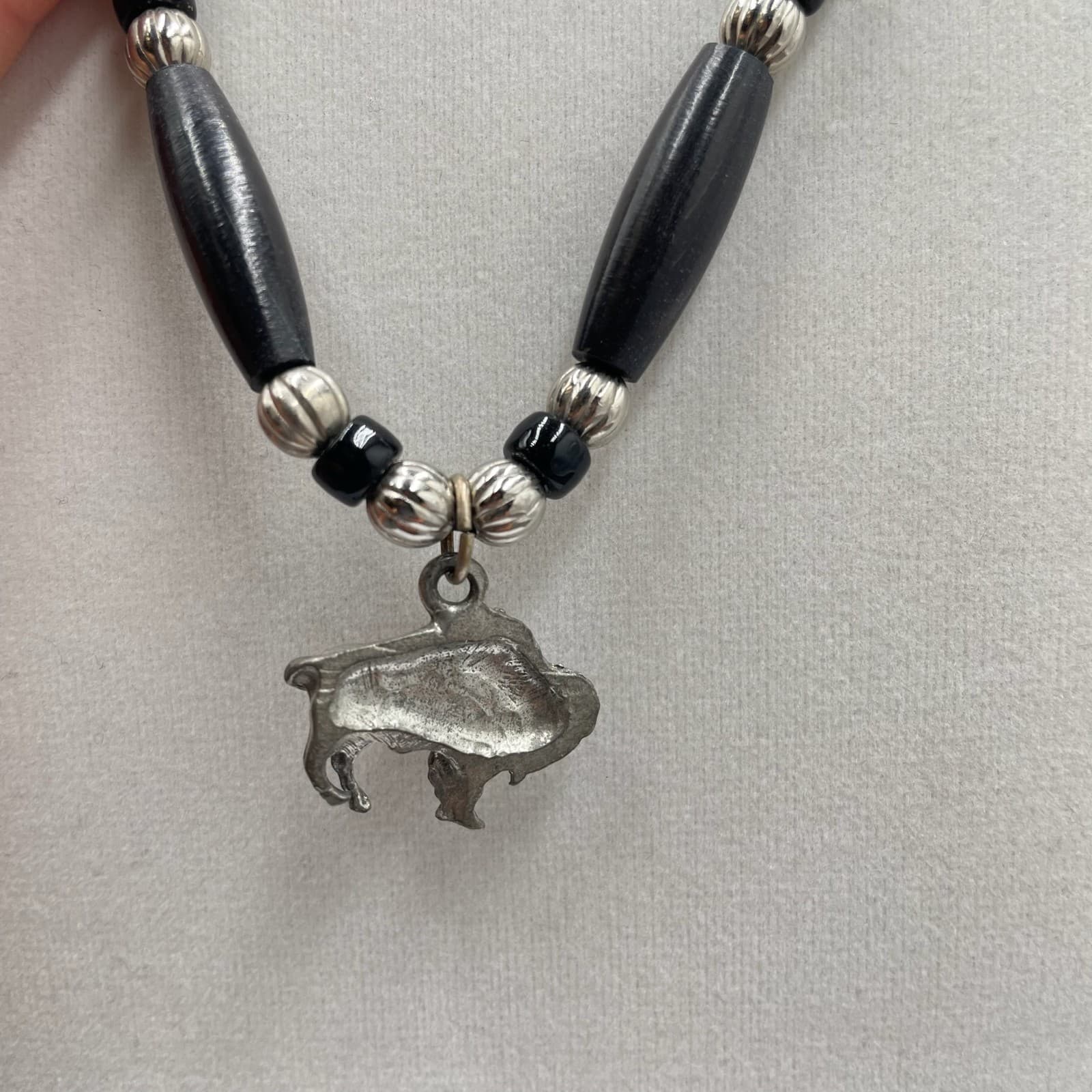 Vintage Black Silver-Tone Buffalo-Shaped Beaded Charm Necklace - Size 23" - Thumbnail 7