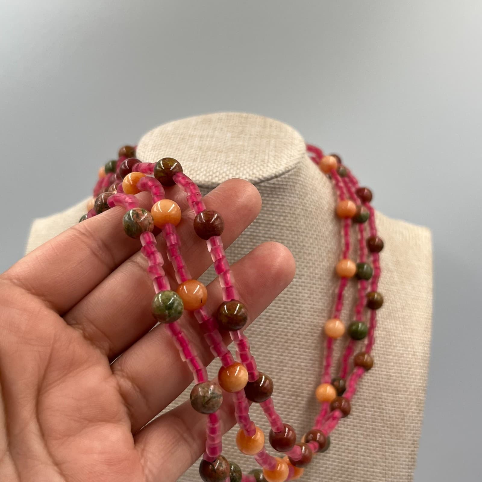 Vintage Multi Strand Beaded Necklace Earth Tone Green Pink Orange Boho Statement - Thumbnail 5