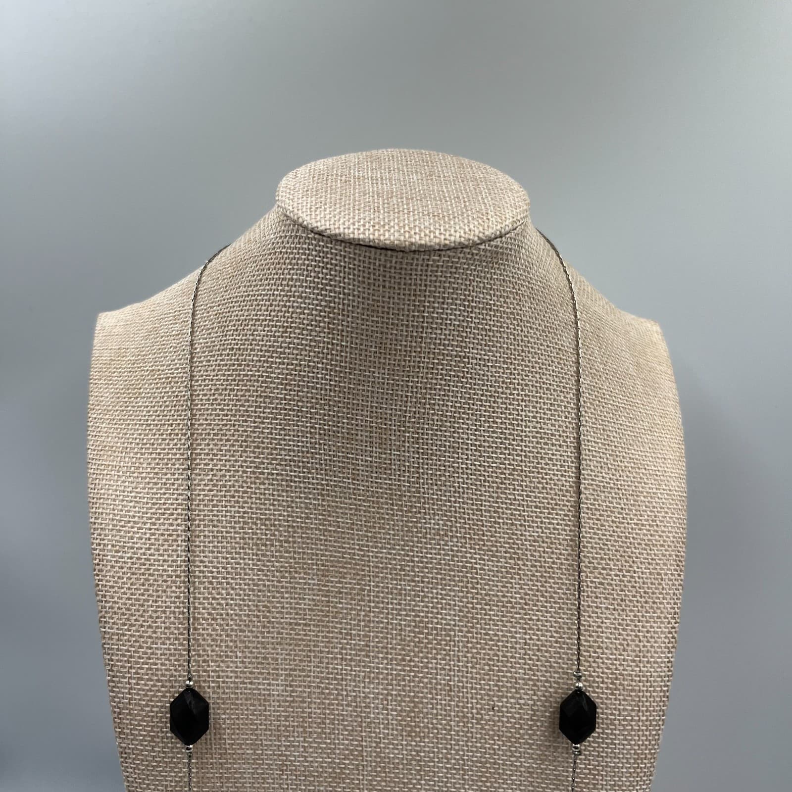 Vintage Black & Silver Faceted Bead Long Station Necklace Opera - Thumbnail 2