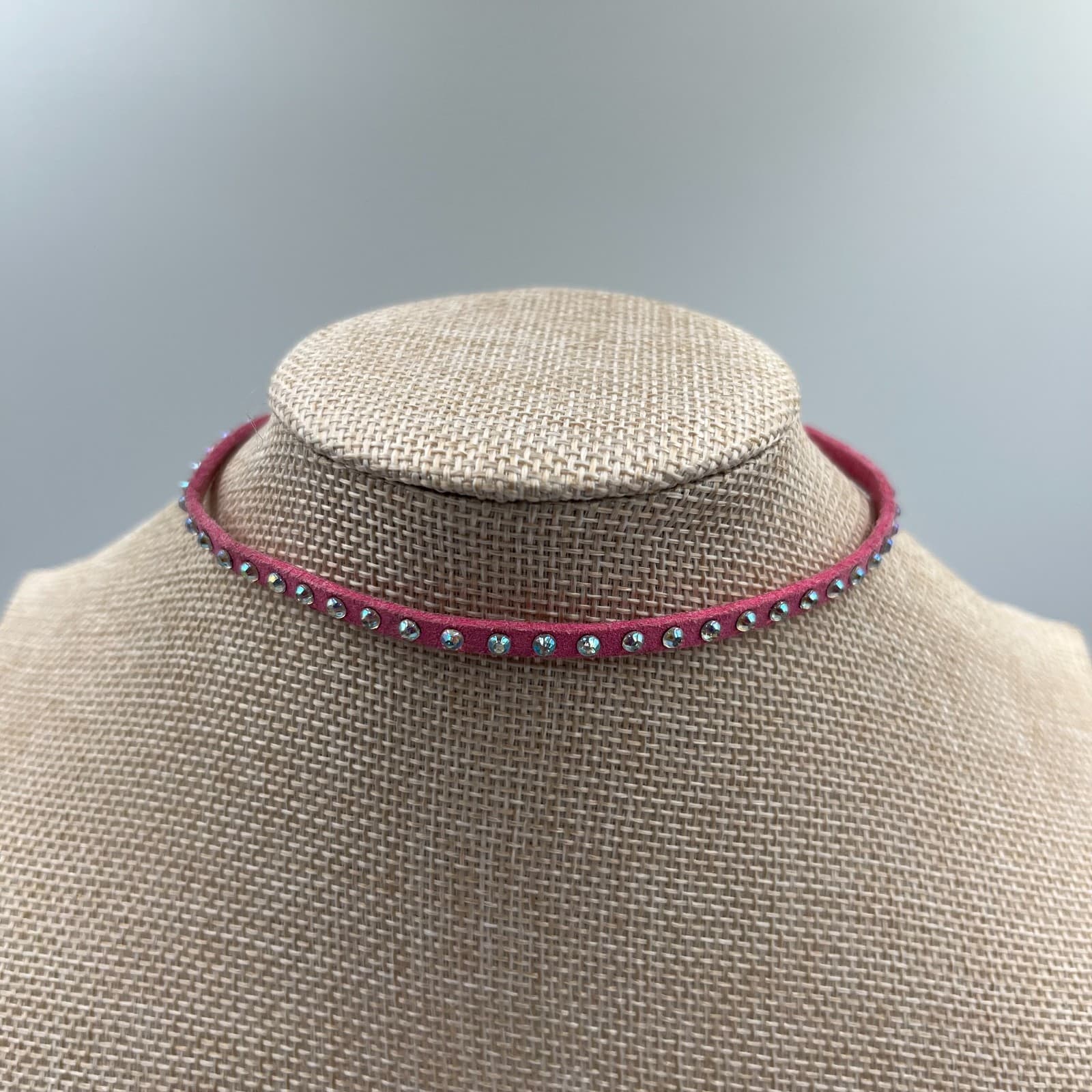 Vintage Rhinestone Choker Necklace Pink Faux Suede 90s Y2K Statement Jewelry - Image 1