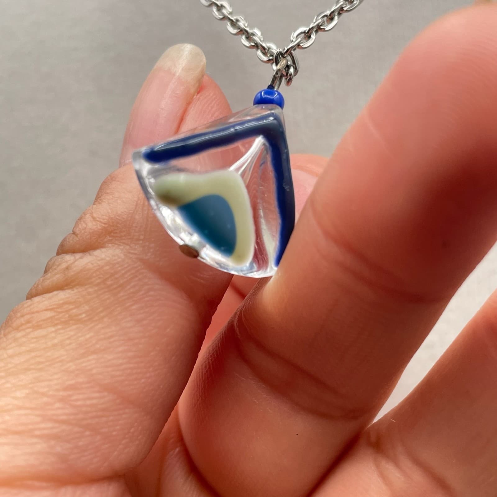 Vintage Womens Blue Glass Pendant & Crystal Bead Chain Fashion Necklace - Thumbnail 5