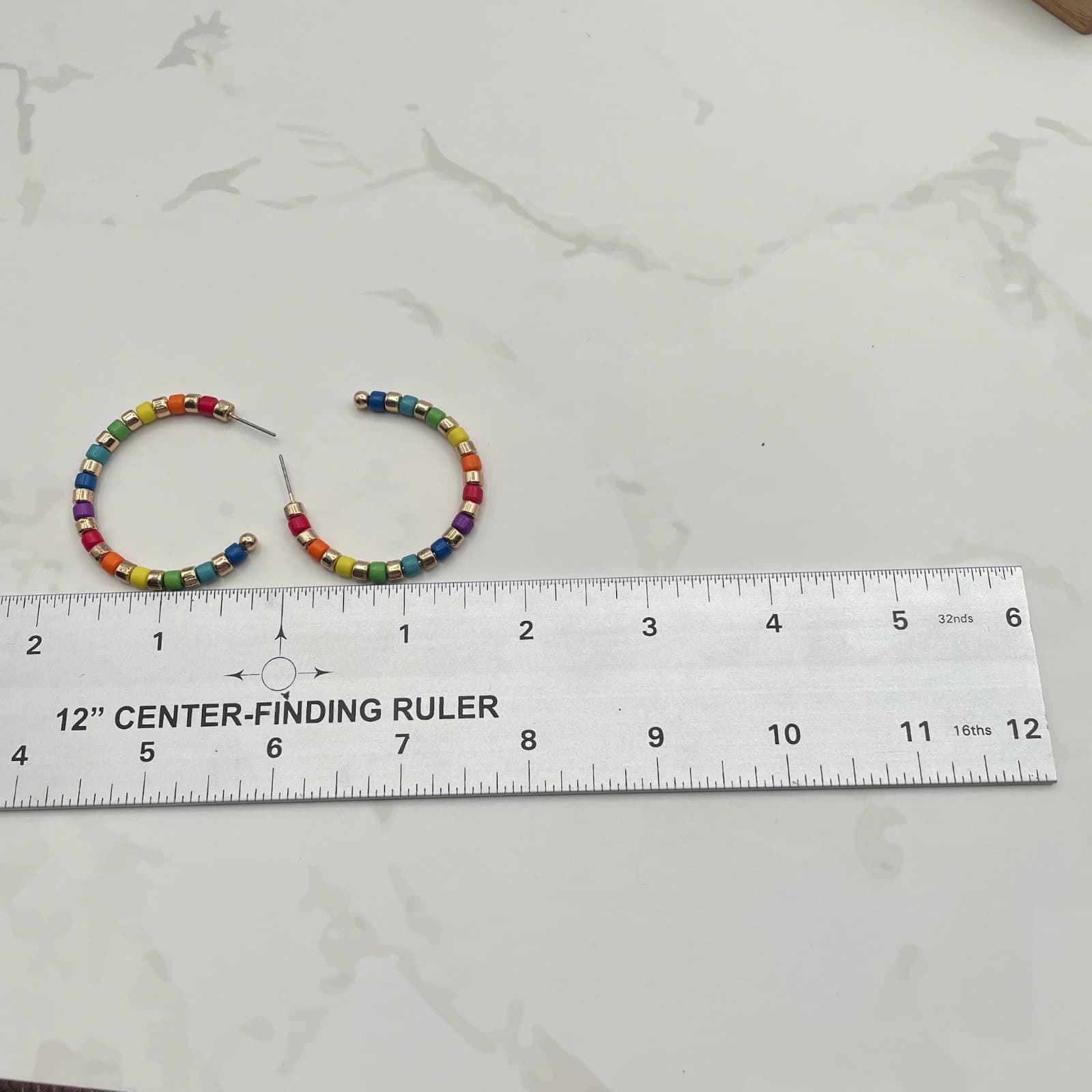 Vintage VTG Rainbow Beaded Hoop Earrings Gold Tone Cube Beads Fun Colourful - Thumbnail 3