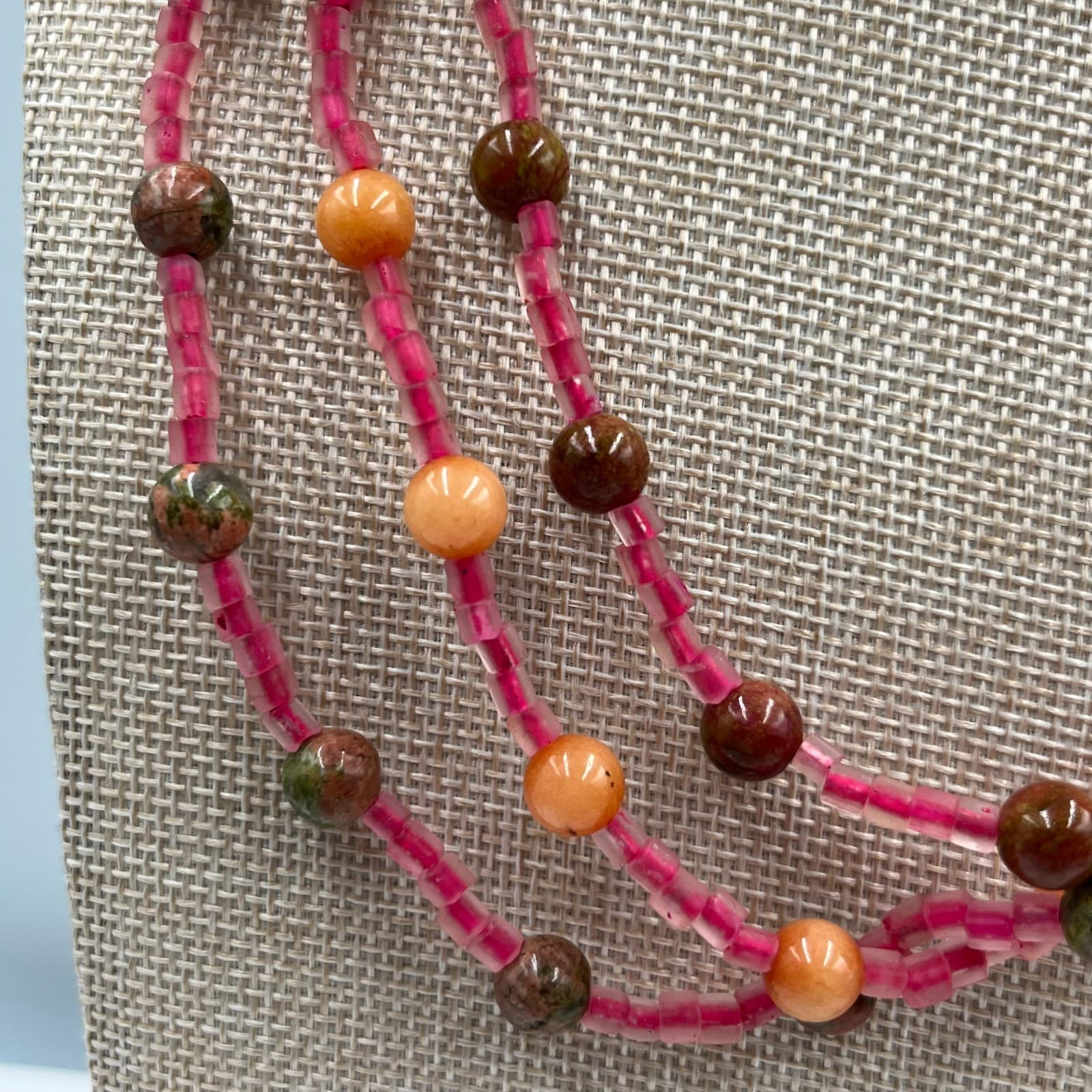 Vintage Multi Strand Beaded Necklace Earth Tone Green Pink Orange Boho Statement - Thumbnail 4