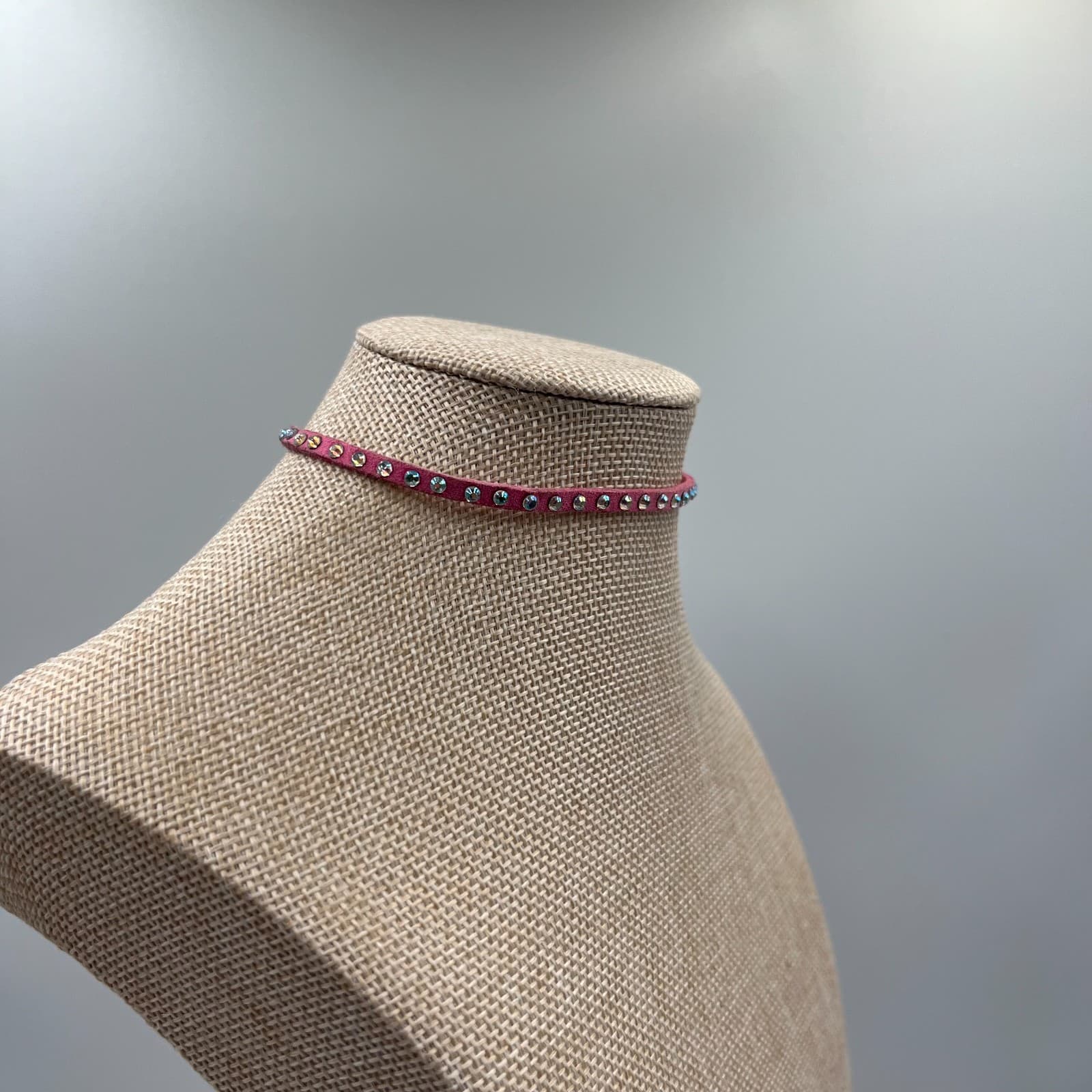 Vintage Rhinestone Choker Necklace Pink Faux Suede 90s Y2K Statement Jewelry - Thumbnail 4