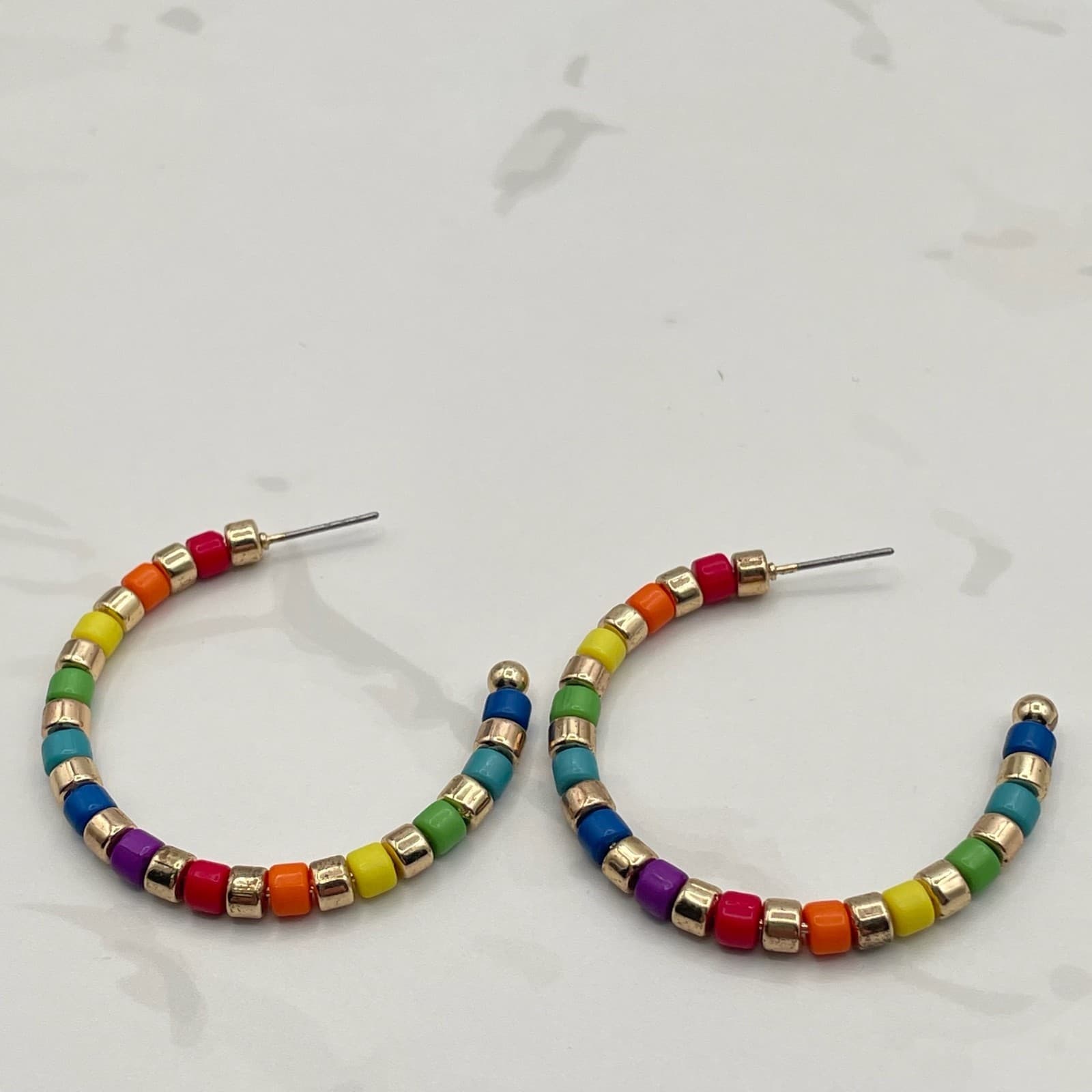 Vintage VTG Rainbow Beaded Hoop Earrings Gold Tone Cube Beads Fun Colourful - Thumbnail 4