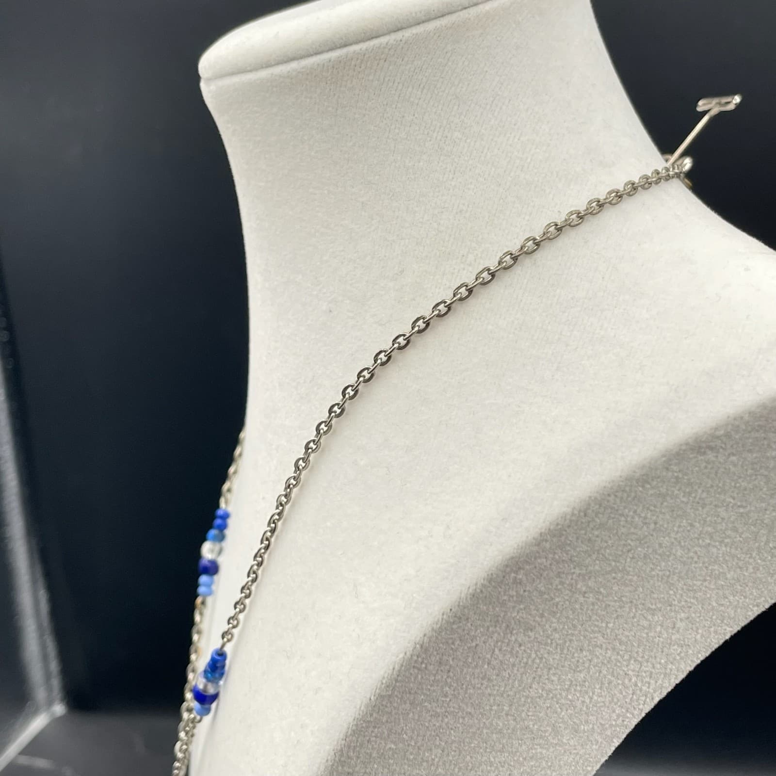 Vintage Womens Blue Glass Pendant & Crystal Bead Chain Fashion Necklace - Thumbnail 9