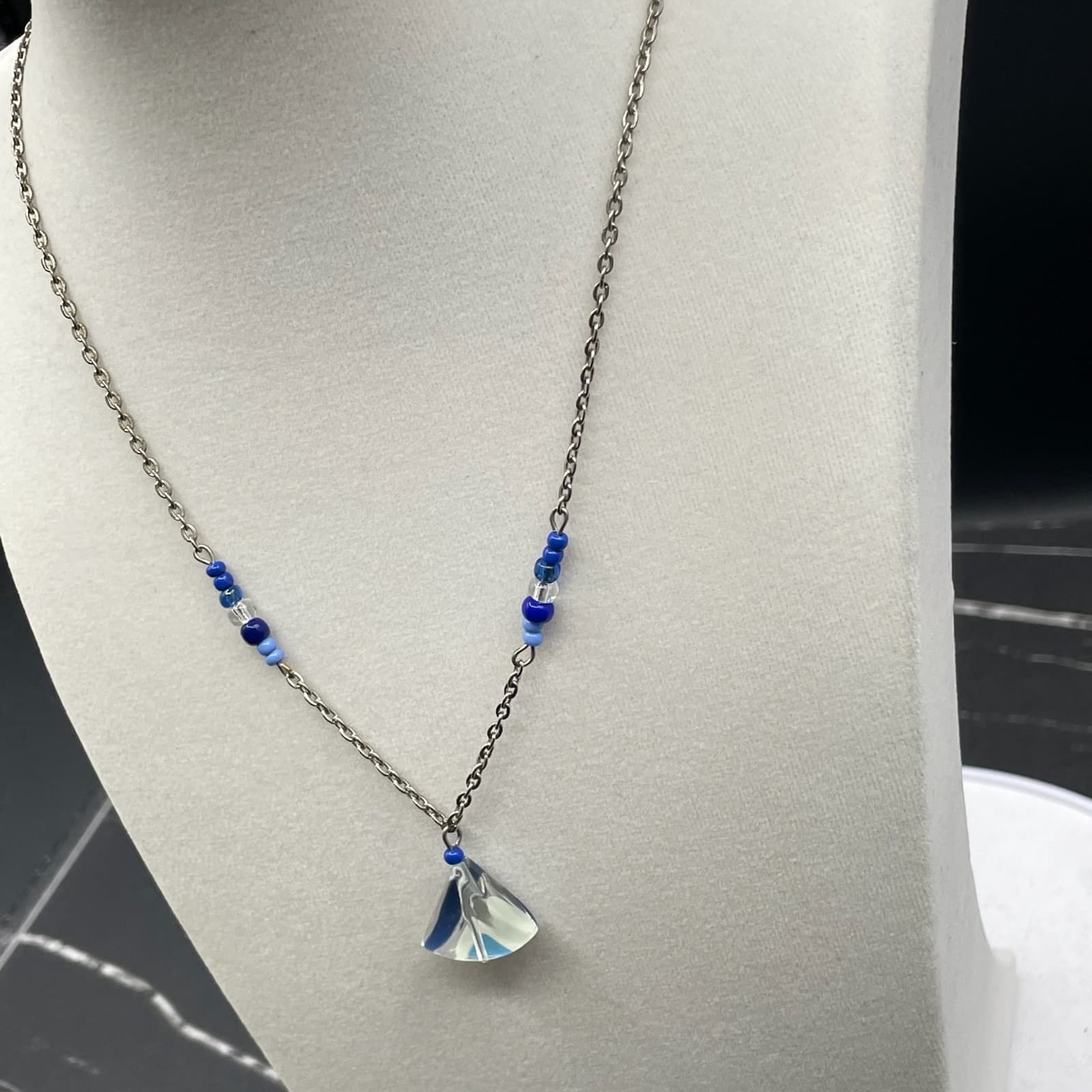 Vintage Womens Blue Glass Pendant & Crystal Bead Chain Fashion Necklace - Thumbnail 7