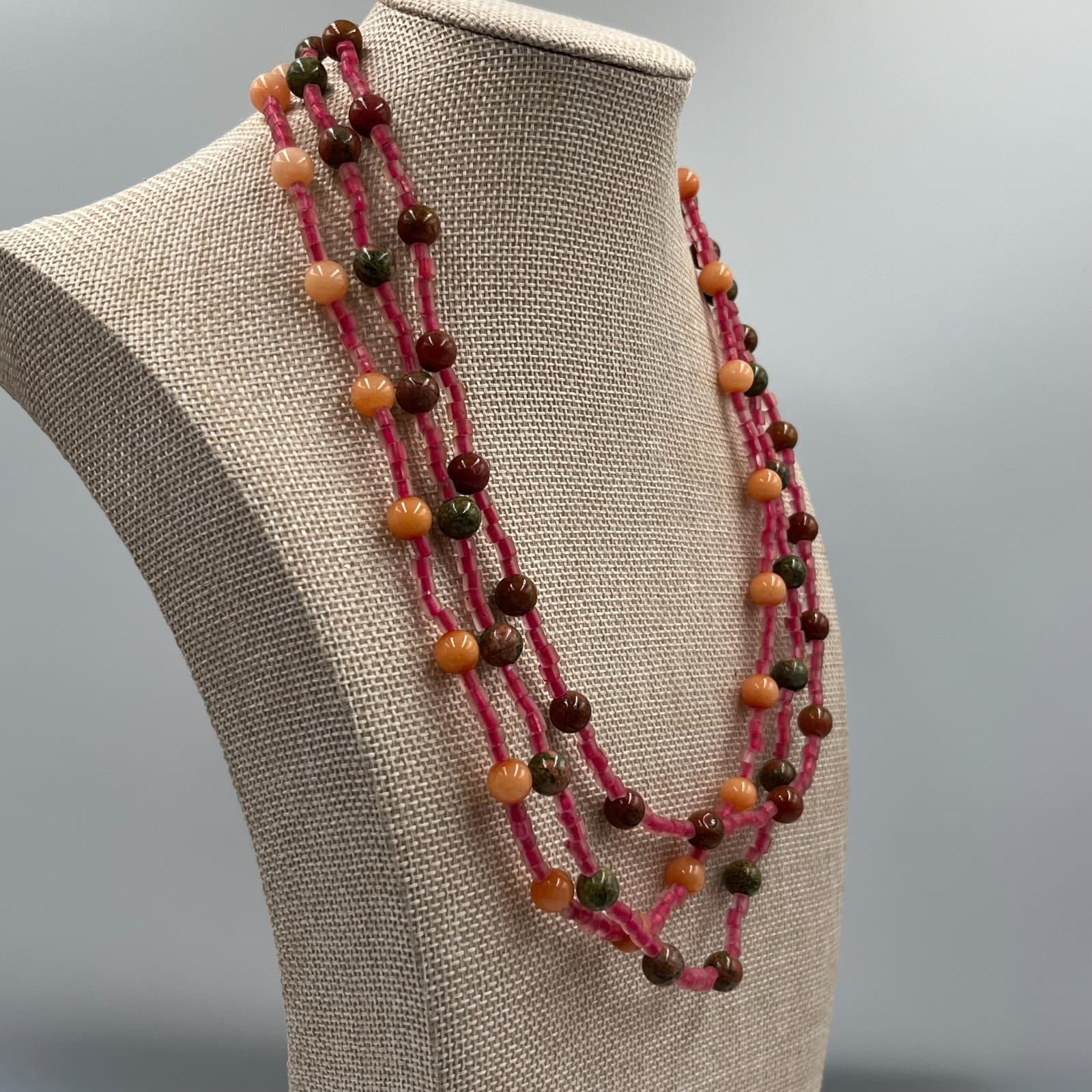 Vintage Multi Strand Beaded Necklace Earth Tone Green Pink Orange Boho Statement - Thumbnail 6