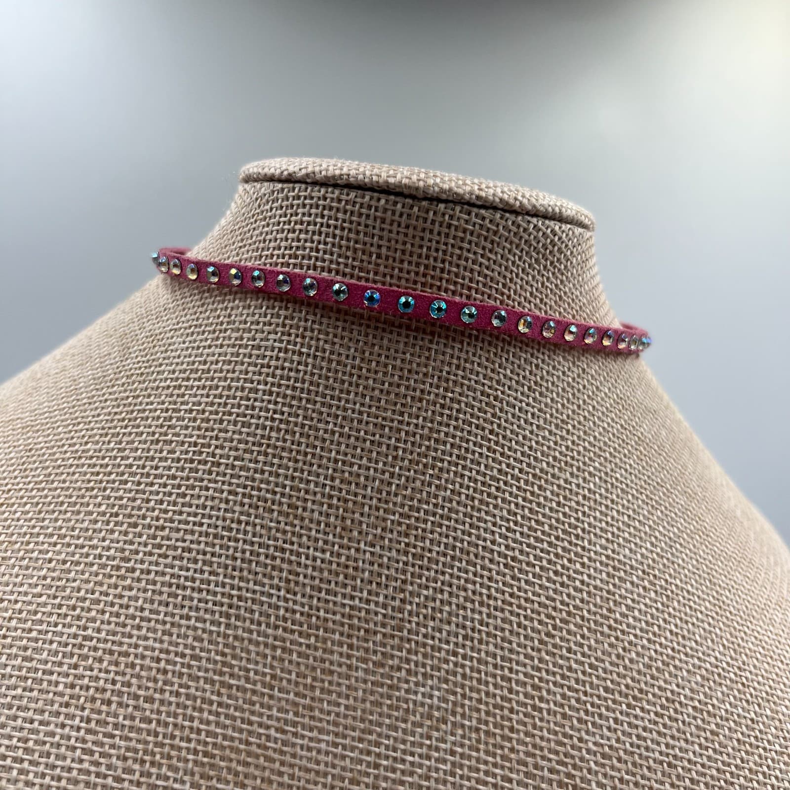 Vintage Rhinestone Choker Necklace Pink Faux Suede 90s Y2K Statement Jewelry - Thumbnail 3