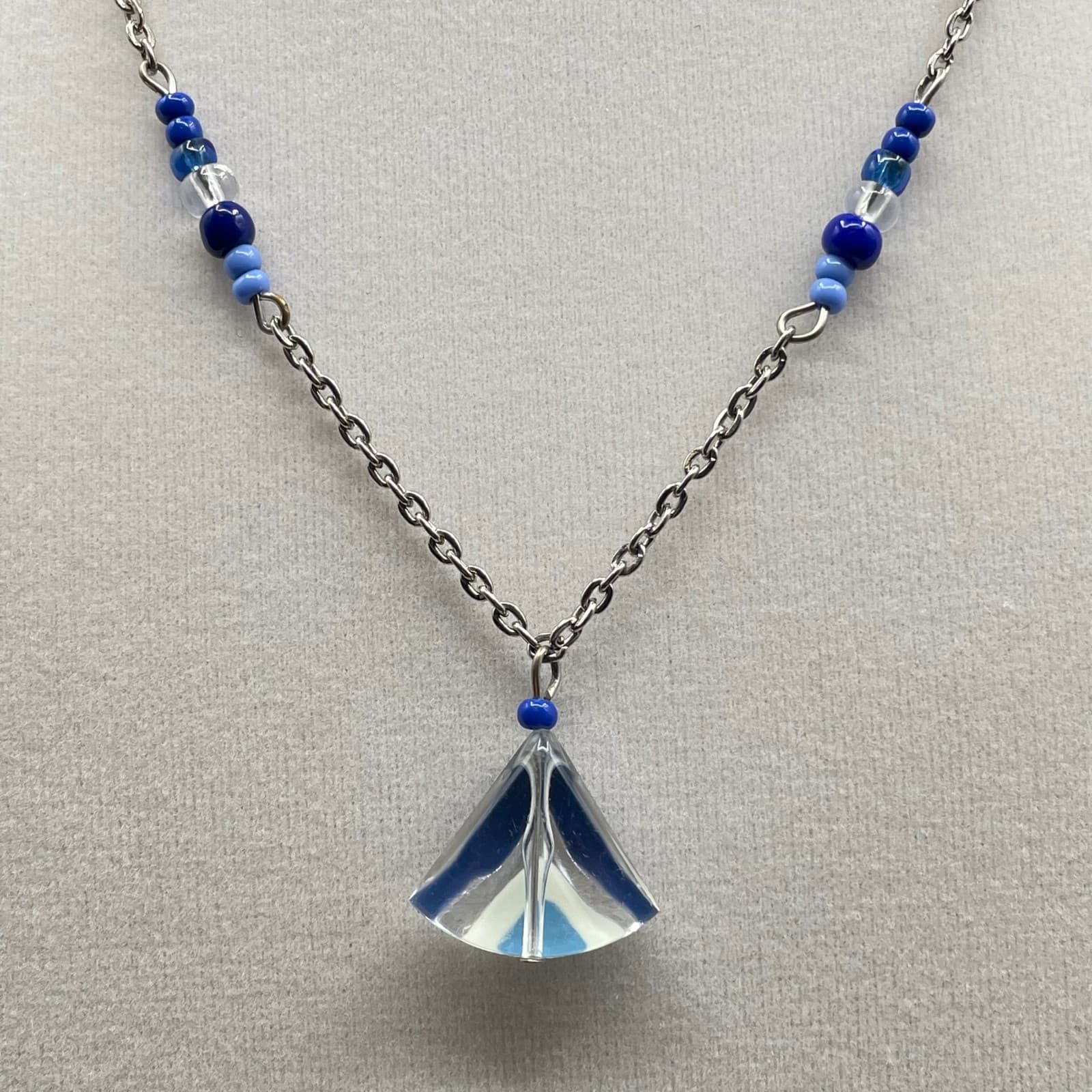 Vintage Womens Blue Glass Pendant & Crystal Bead Chain Fashion Necklace - Thumbnail 3