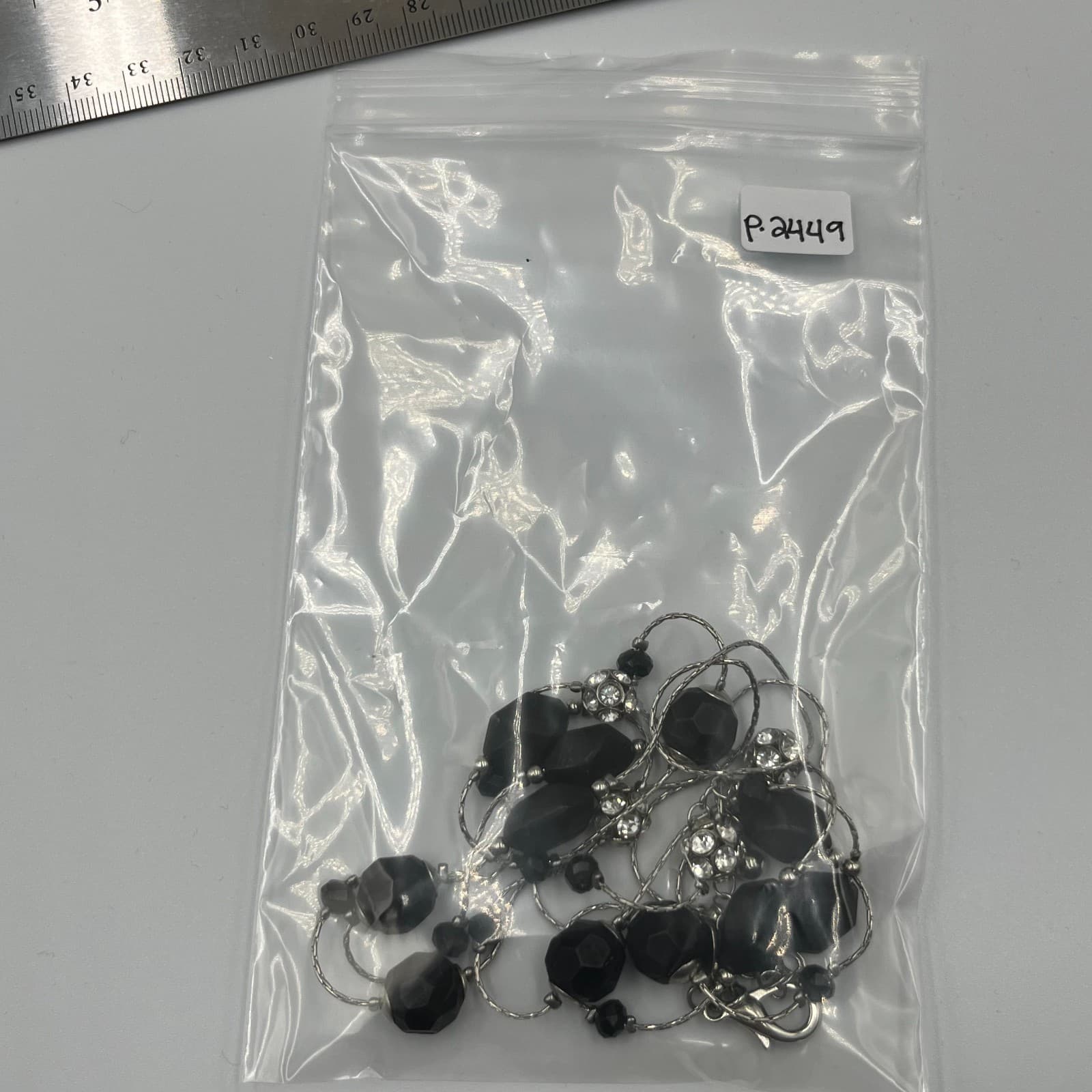 Vintage Black & Silver Faceted Bead Long Station Necklace Opera - Thumbnail 8