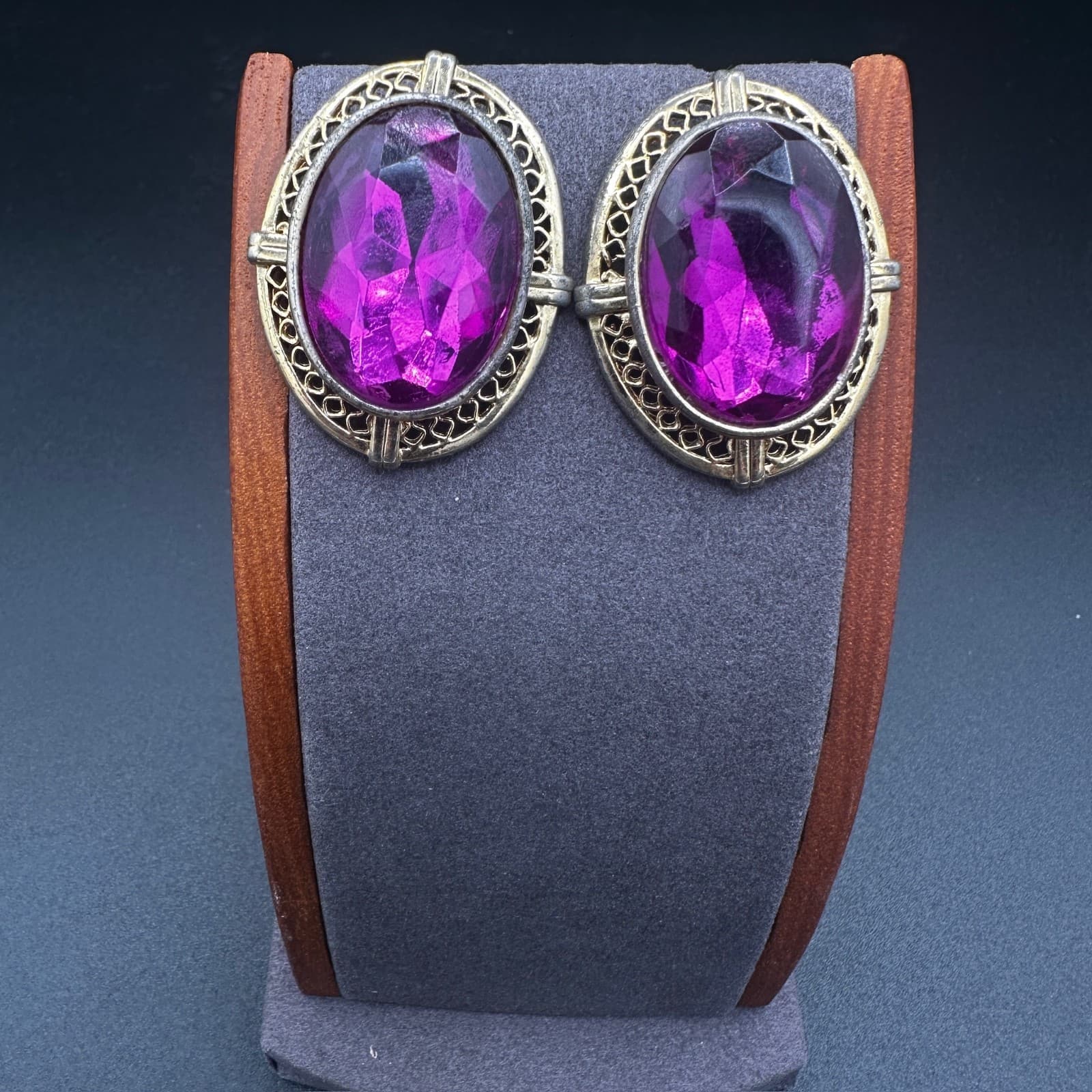 Vintage Gold-Tone Clip-On Statement Earrings w/ Large Pink Gem - Image 1