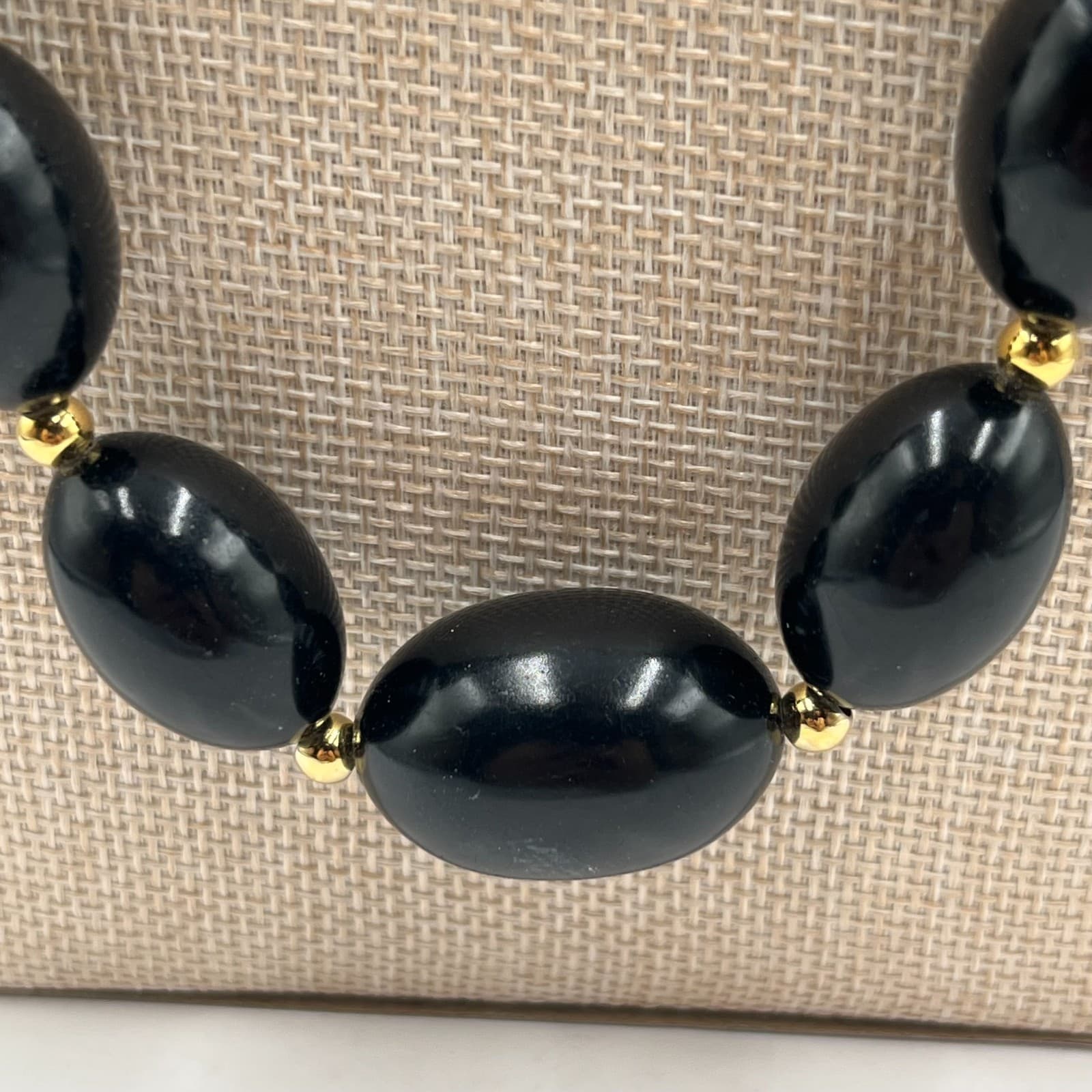 Vintage Black Beaded Necklace Gold Tone Spacers Barrel Clasp 24" Oval Beads MCM - Thumbnail 3