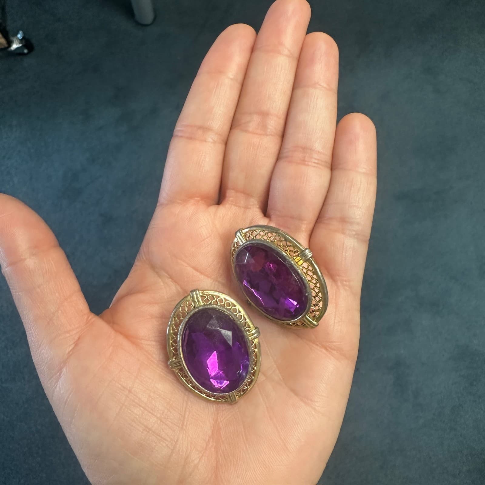 Vintage Gold-Tone Clip-On Statement Earrings w/ Large Pink Gem - Thumbnail 5