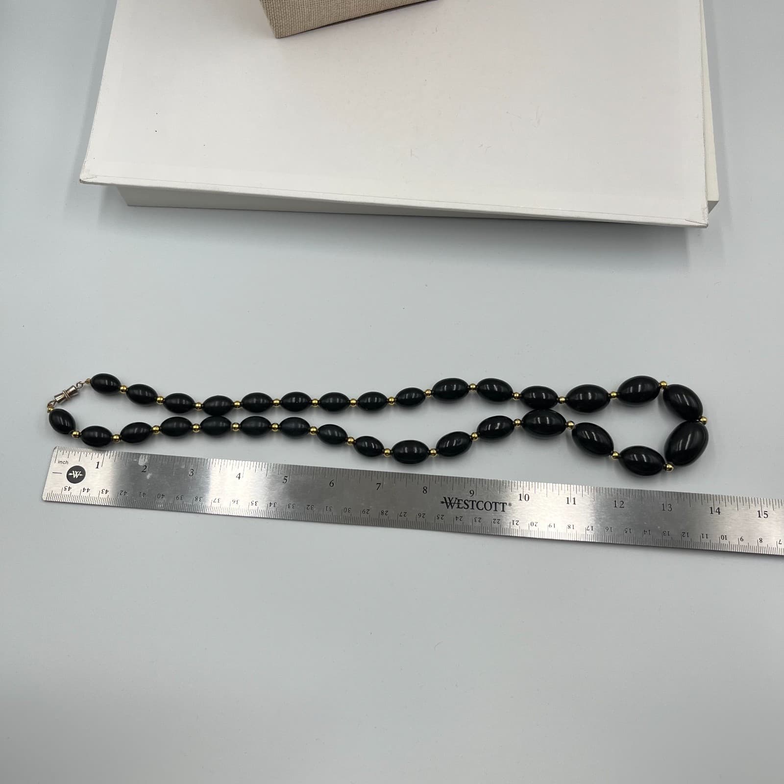 Vintage Black Beaded Necklace Gold Tone Spacers Barrel Clasp 24" Oval Beads MCM - Thumbnail 7