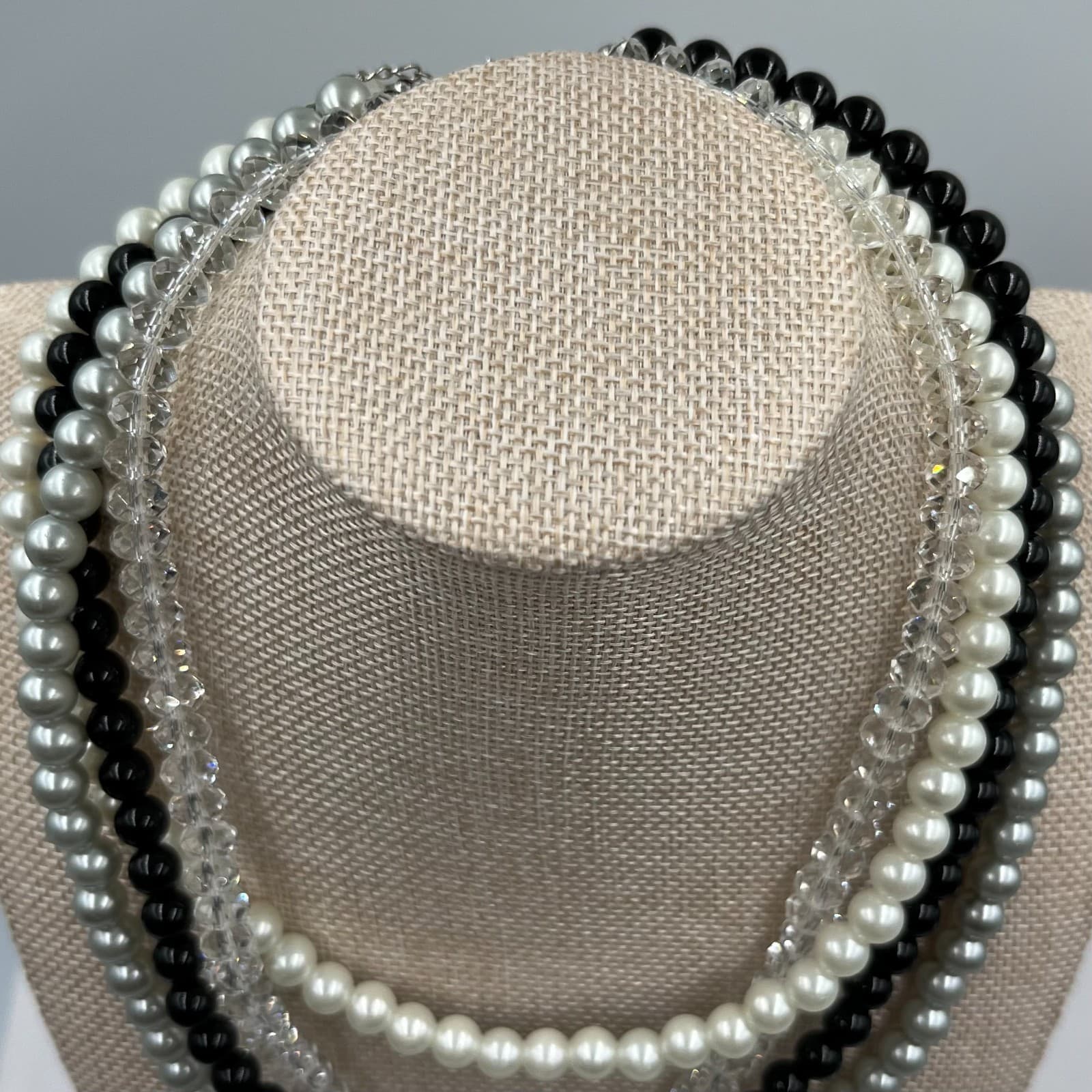 Vintage Multi Strand Faux Pearl Necklace Crystal Beads Layered Statement Choker - Thumbnail 2