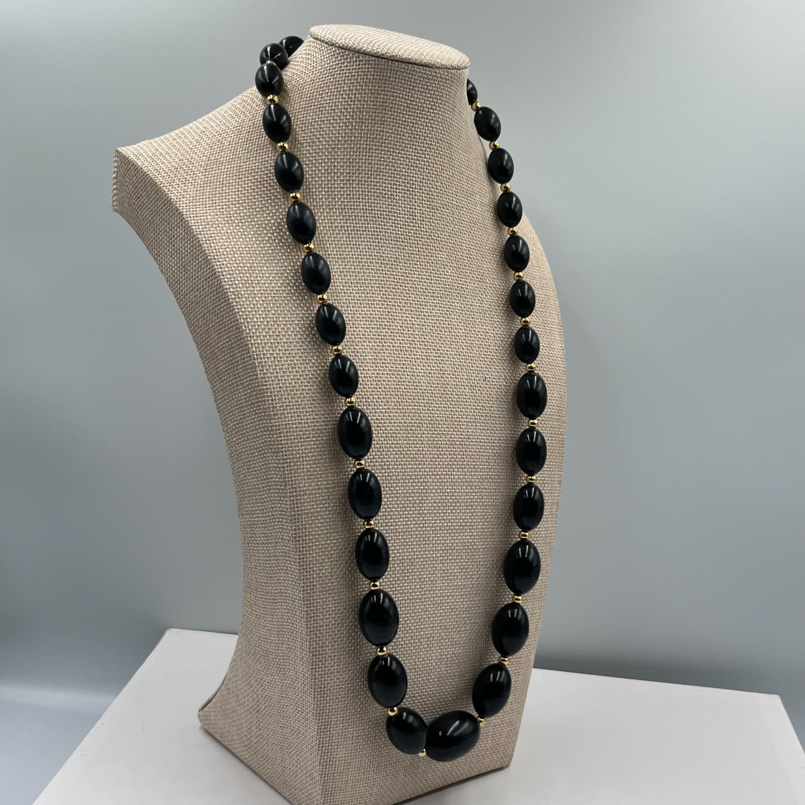 Vintage Black Beaded Necklace Gold Tone Spacers Barrel Clasp 24" Oval Beads MCM - Thumbnail 4