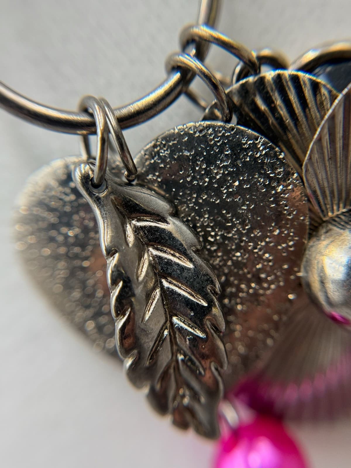 Vintage Gunmetal Tone Floral Flower Pink Bead Tassel Charms Drop Pendant - Thumbnail 12