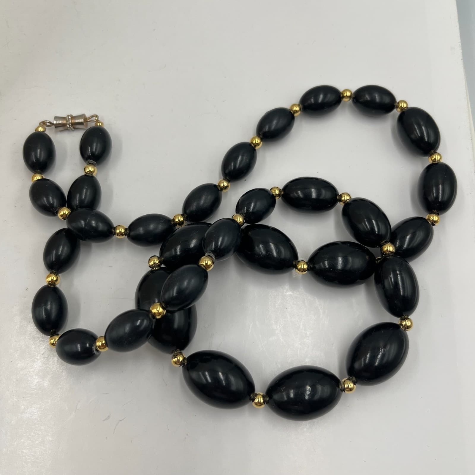 Vintage Black Beaded Necklace Gold Tone Spacers Barrel Clasp 24" Oval Beads MCM - Thumbnail 6