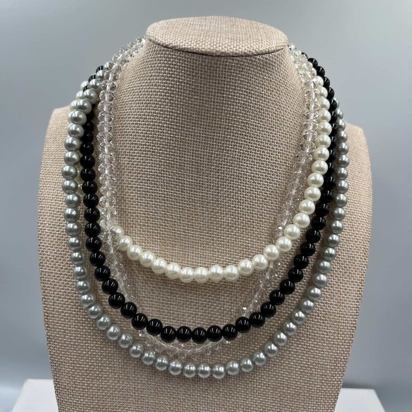 Vintage Multi Strand Faux Pearl Necklace Crystal Beads Layered Statement Choker - Image 1