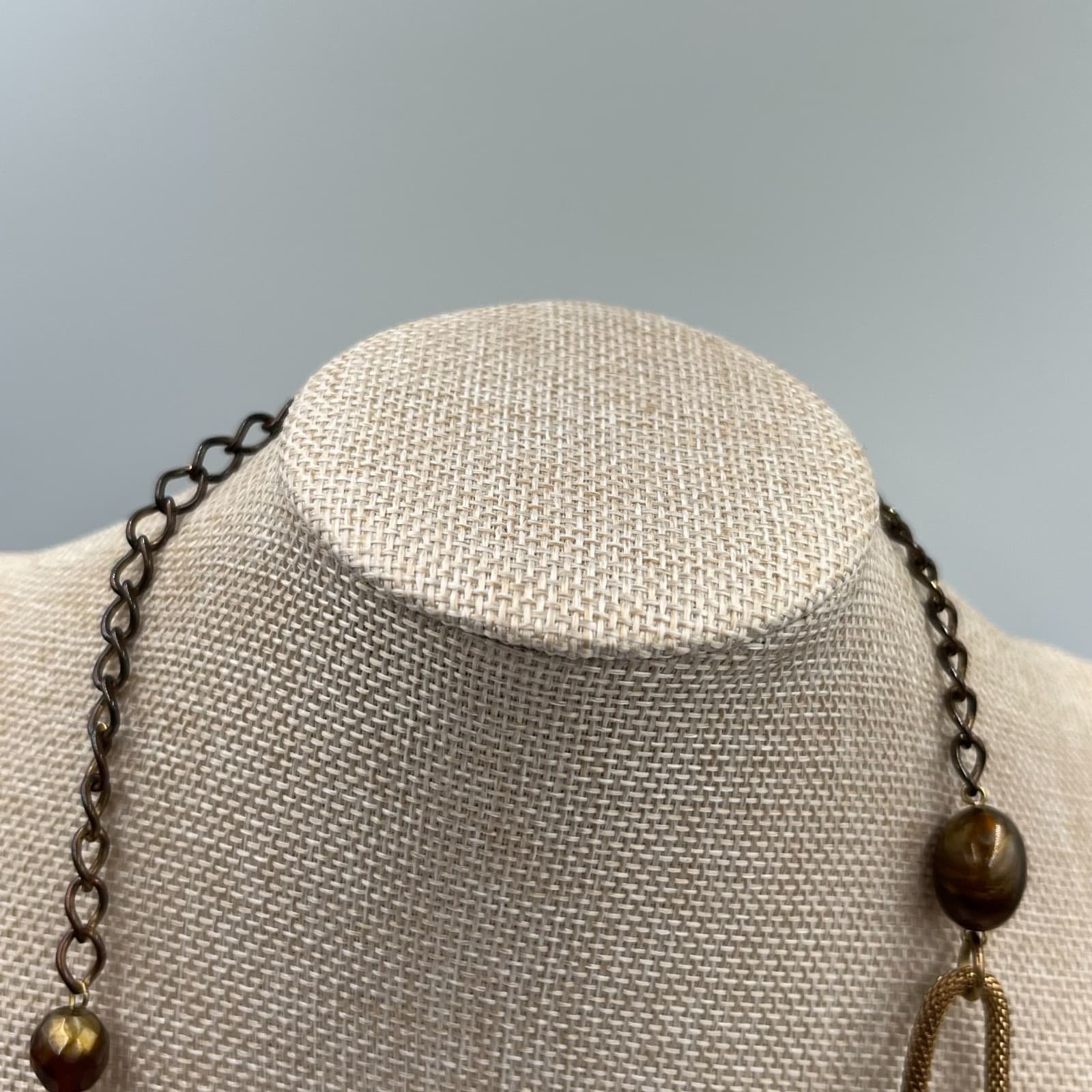 Vintage Amber Beaded Necklace Bronze Tone Mesh Link Chain Statement Boho 18" - Thumbnail 3