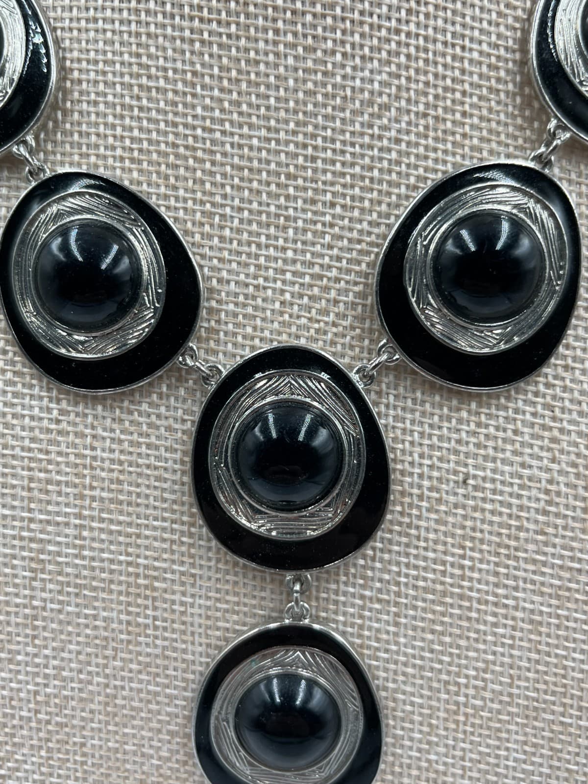 Vintage NY & Co Black Cabochon Statement Necklace Silver Tone Retro Goth Chunky - Thumbnail 3