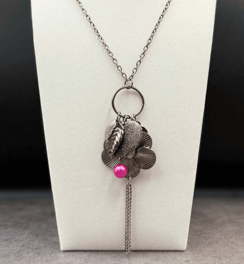 Vintage Gunmetal Tone Floral Flower Pink Bead Tassel Charms Drop Pendant - Image 1