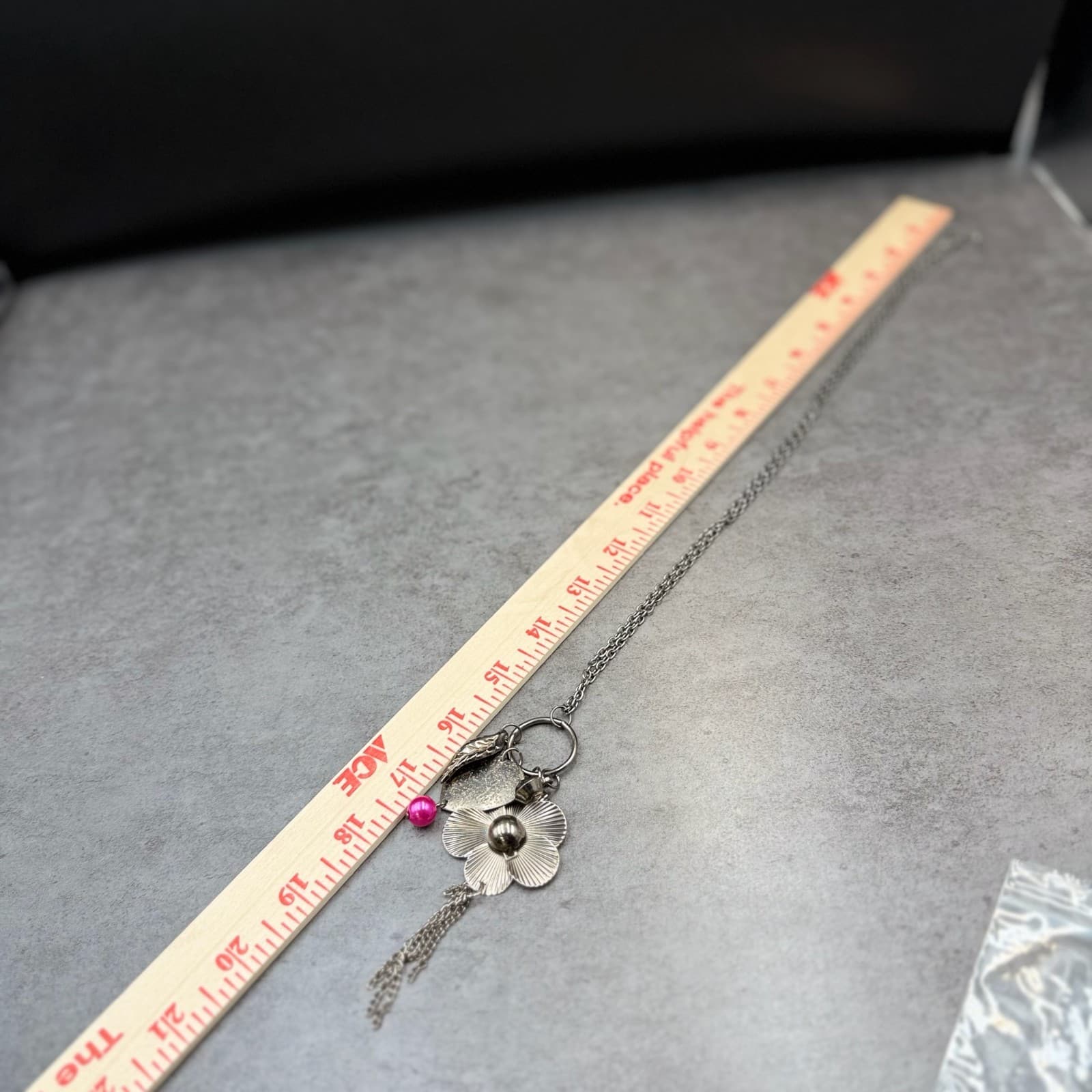 Vintage Gunmetal Tone Floral Flower Pink Bead Tassel Charms Drop Pendant - Thumbnail 14