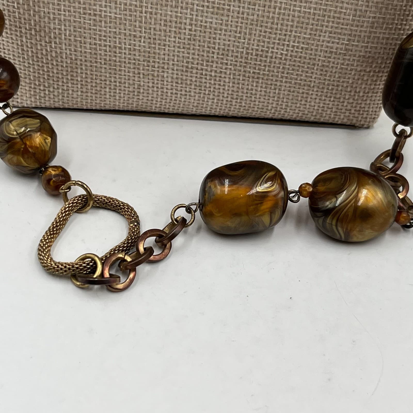 Vintage Amber Beaded Necklace Bronze Tone Mesh Link Chain Statement Boho 18" - Thumbnail 4