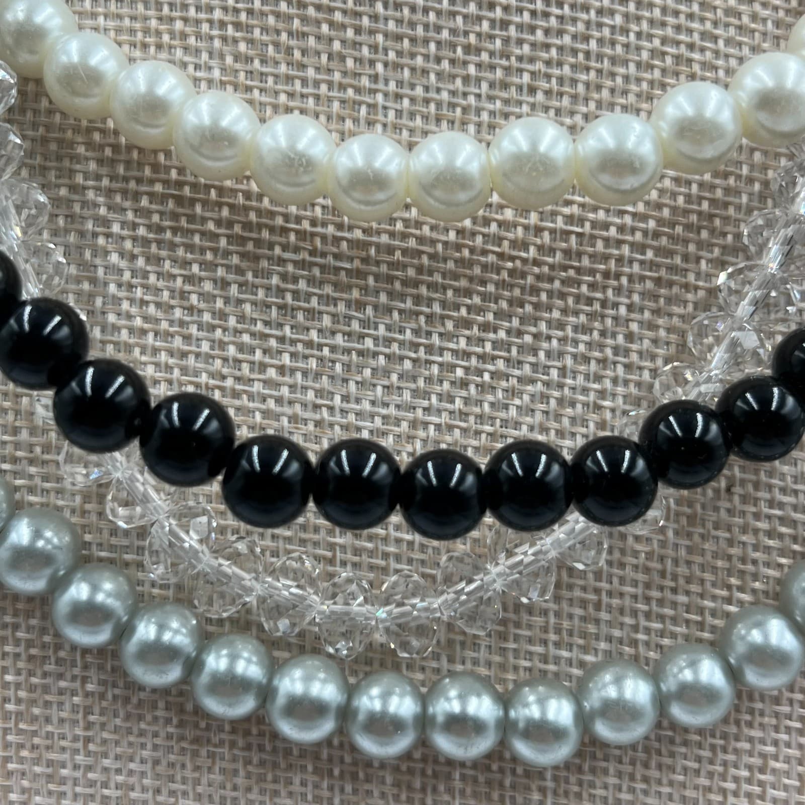 Vintage Multi Strand Faux Pearl Necklace Crystal Beads Layered Statement Choker - Thumbnail 3