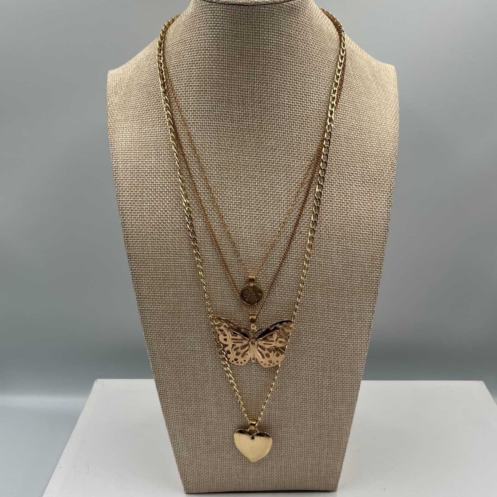 Vtg Gold Tone Multi Strand Layered Necklace Butterfly Heart Disc Boho Jewelry - Thumbnail 2