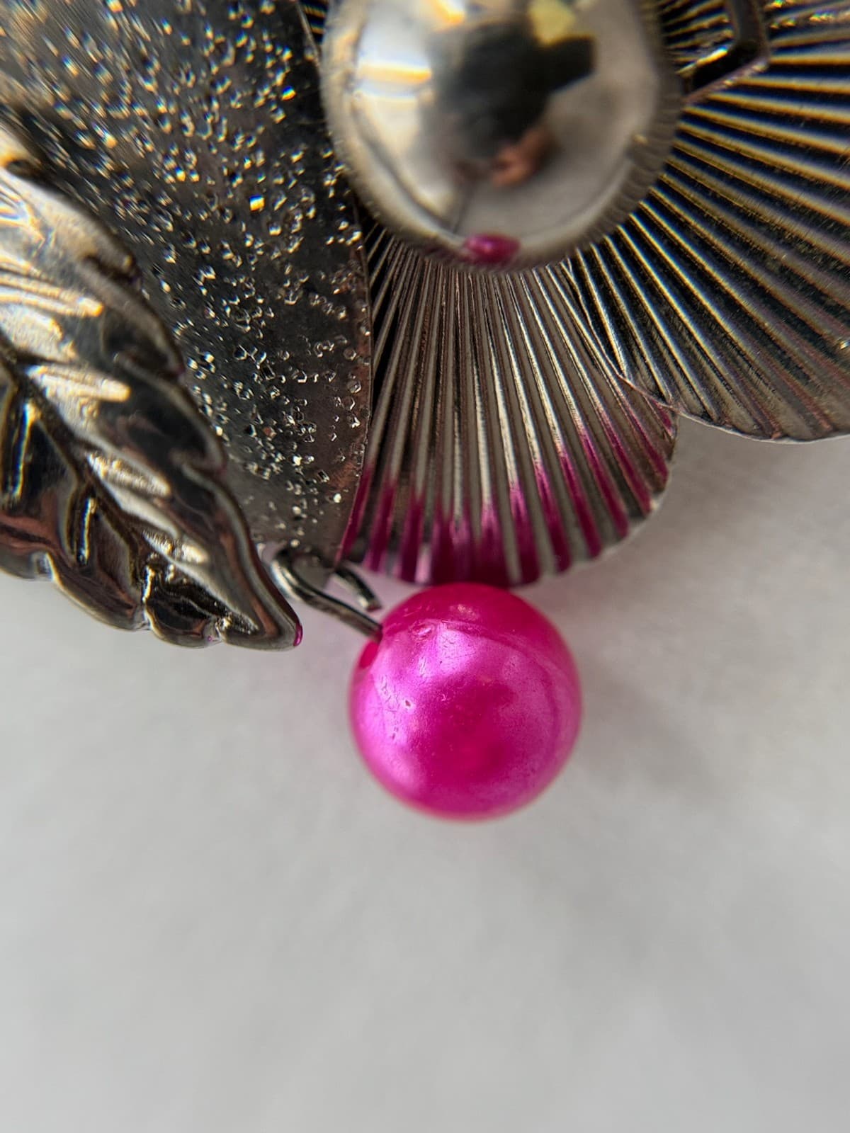 Vintage Gunmetal Tone Floral Flower Pink Bead Tassel Charms Drop Pendant - Thumbnail 13