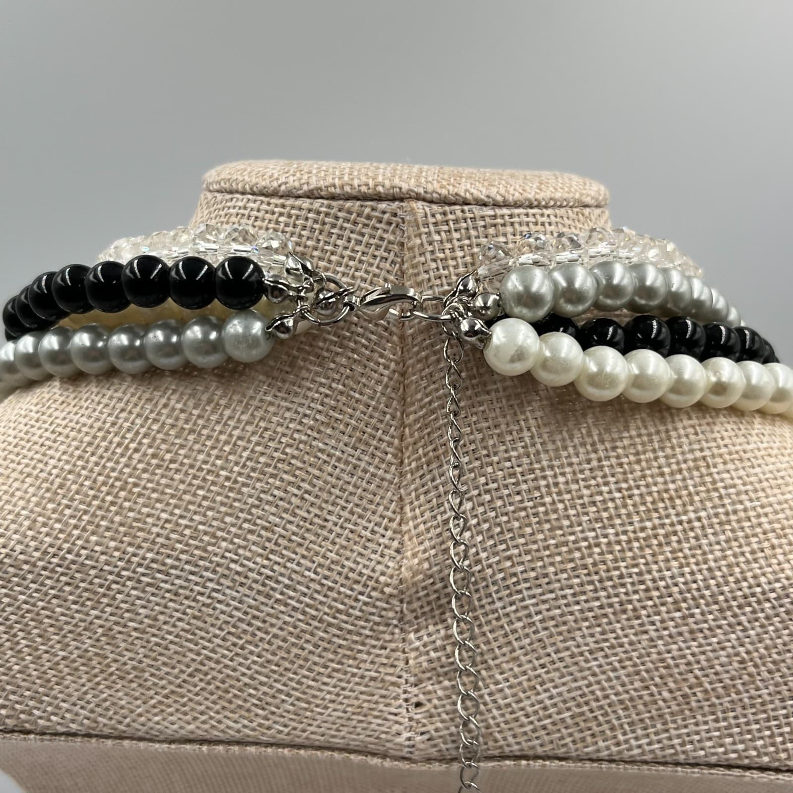 Vintage Multi Strand Faux Pearl Necklace Crystal Beads Layered Statement Choker - Thumbnail 5