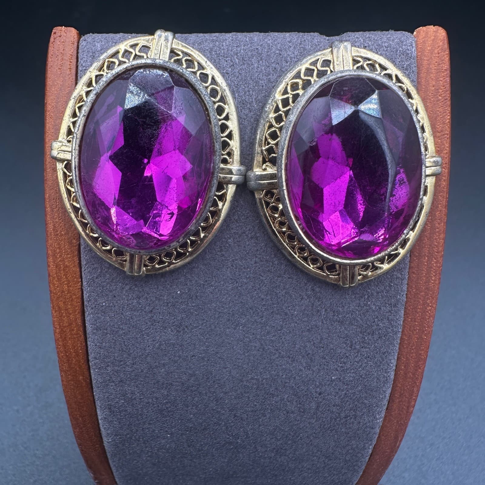 Vintage Gold-Tone Clip-On Statement Earrings w/ Large Pink Gem - Thumbnail 2