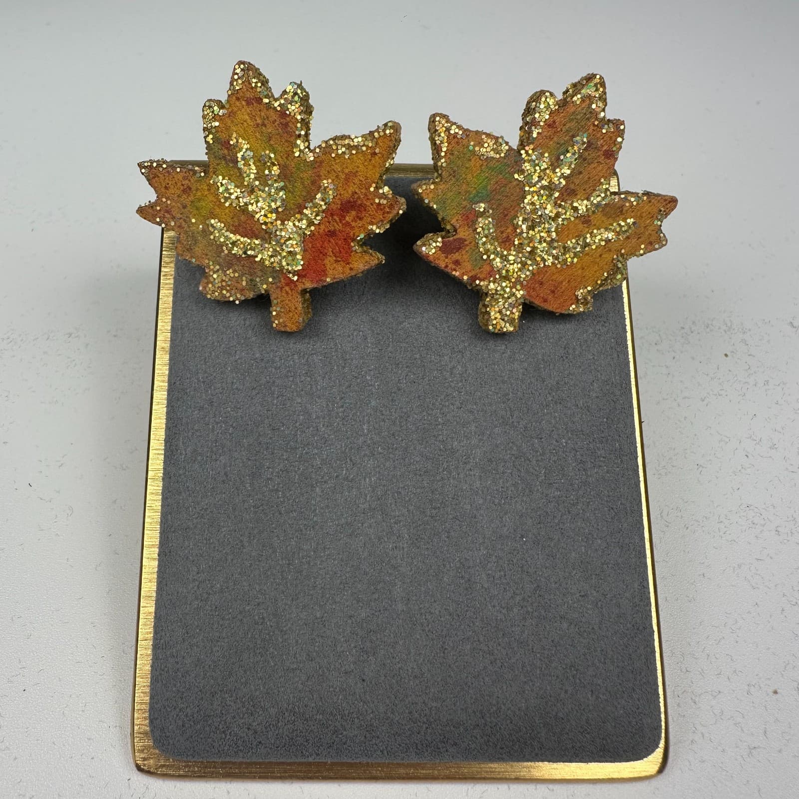 Vintage Glitter Maple Leaf Earrings Autumn Fall Harvest Theme - Image 1