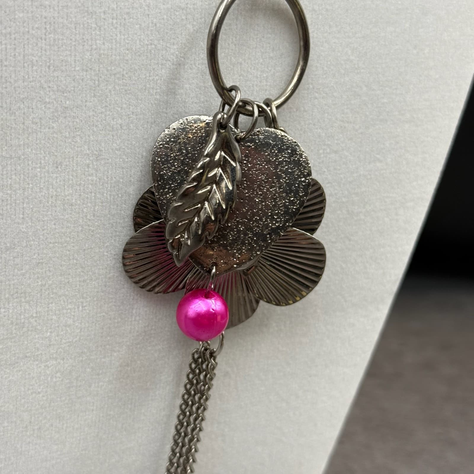 Vintage Gunmetal Tone Floral Flower Pink Bead Tassel Charms Drop Pendant - Thumbnail 8