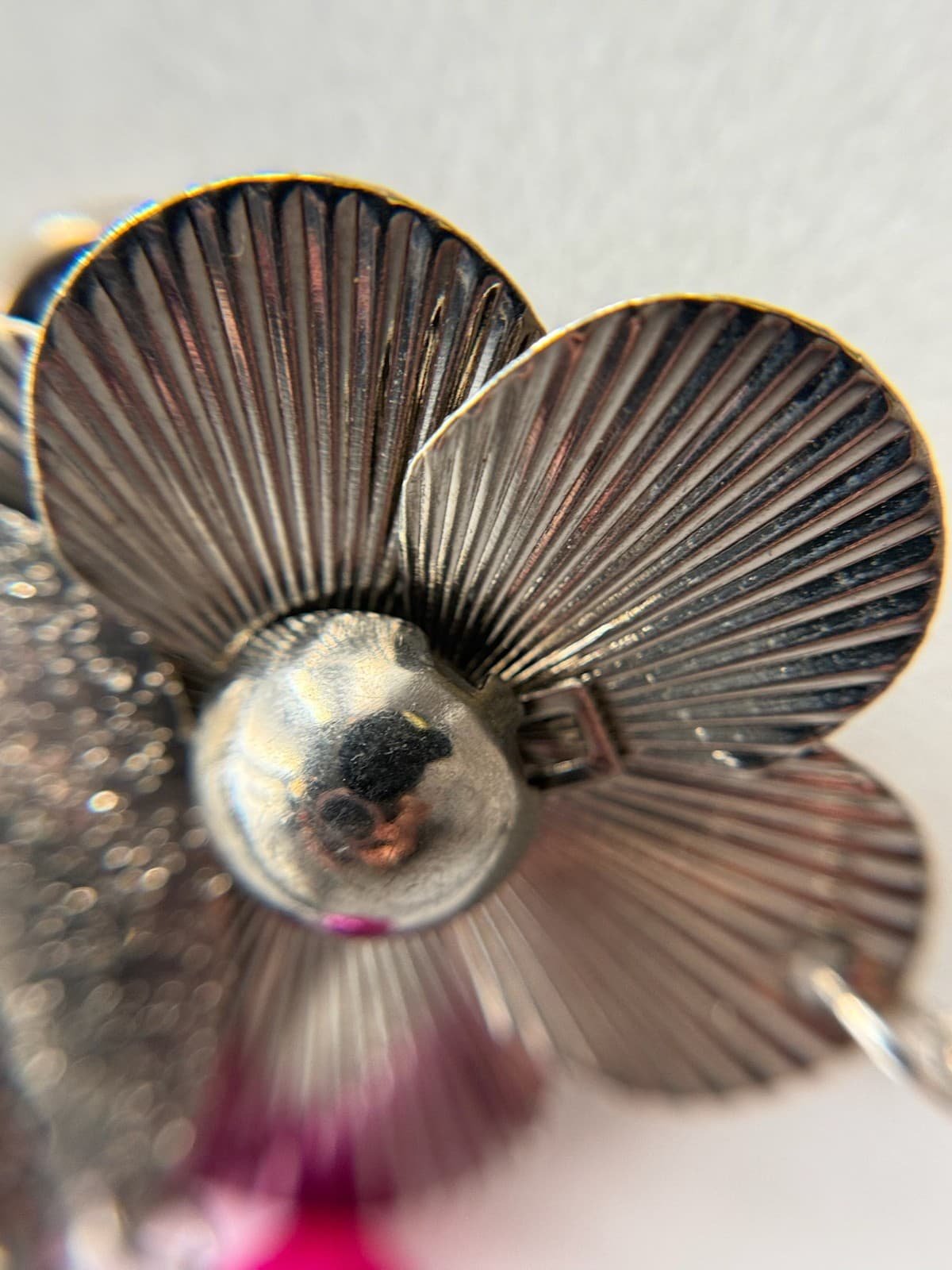 Vintage Gunmetal Tone Floral Flower Pink Bead Tassel Charms Drop Pendant - Thumbnail 11