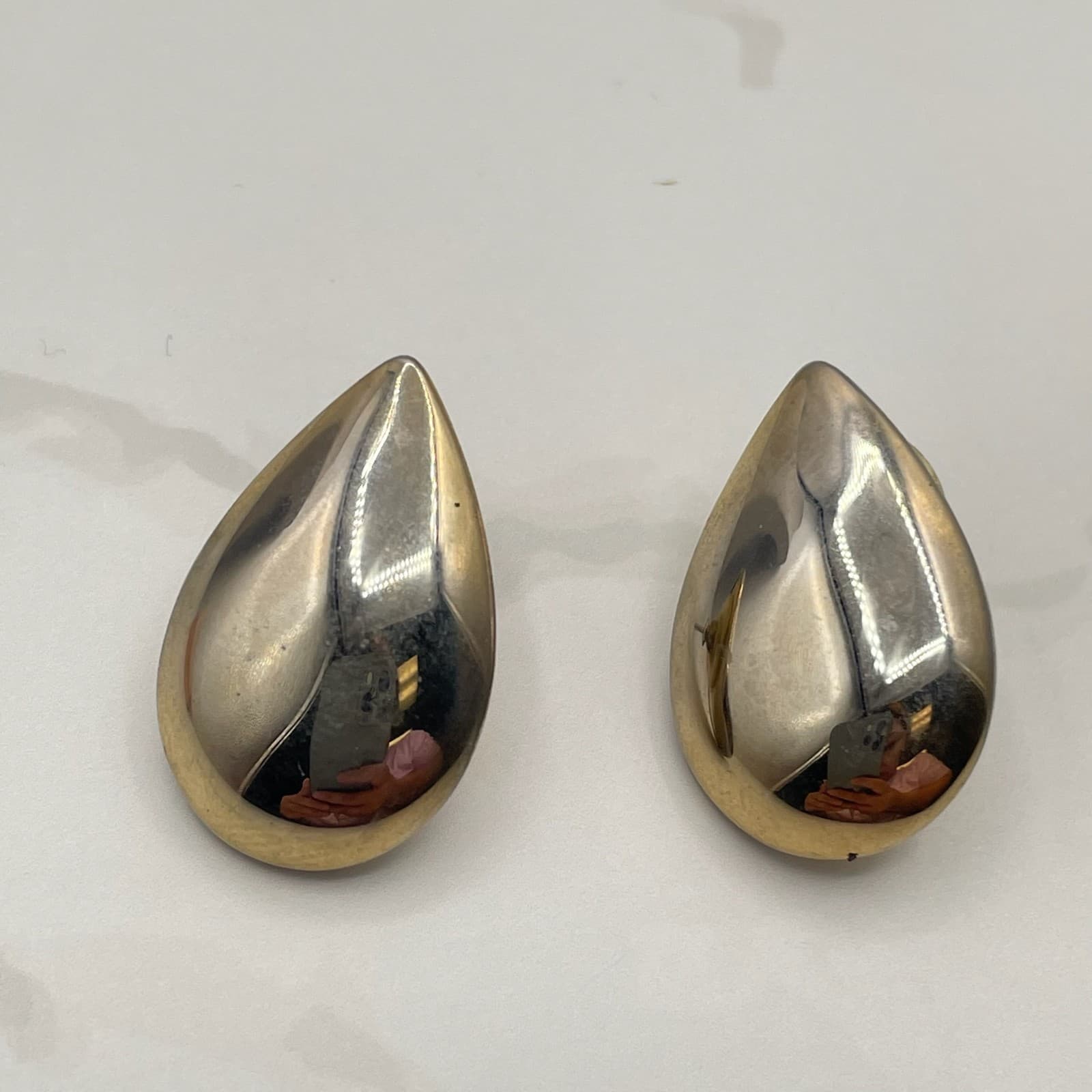 Vintage VTG Teardrop Dome Stud Earrings Minimalist Modern Gold Silver Tone - Image 1