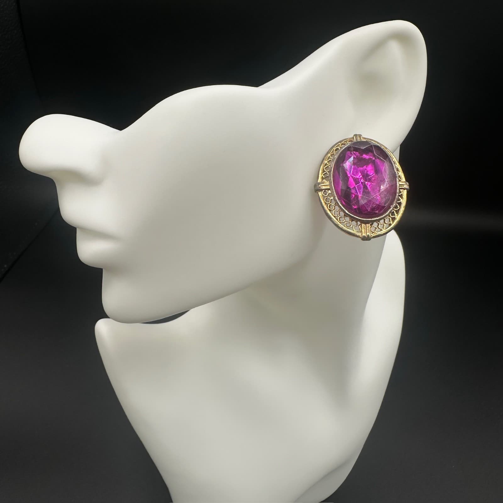 Vintage Gold-Tone Clip-On Statement Earrings w/ Large Pink Gem - Thumbnail 3