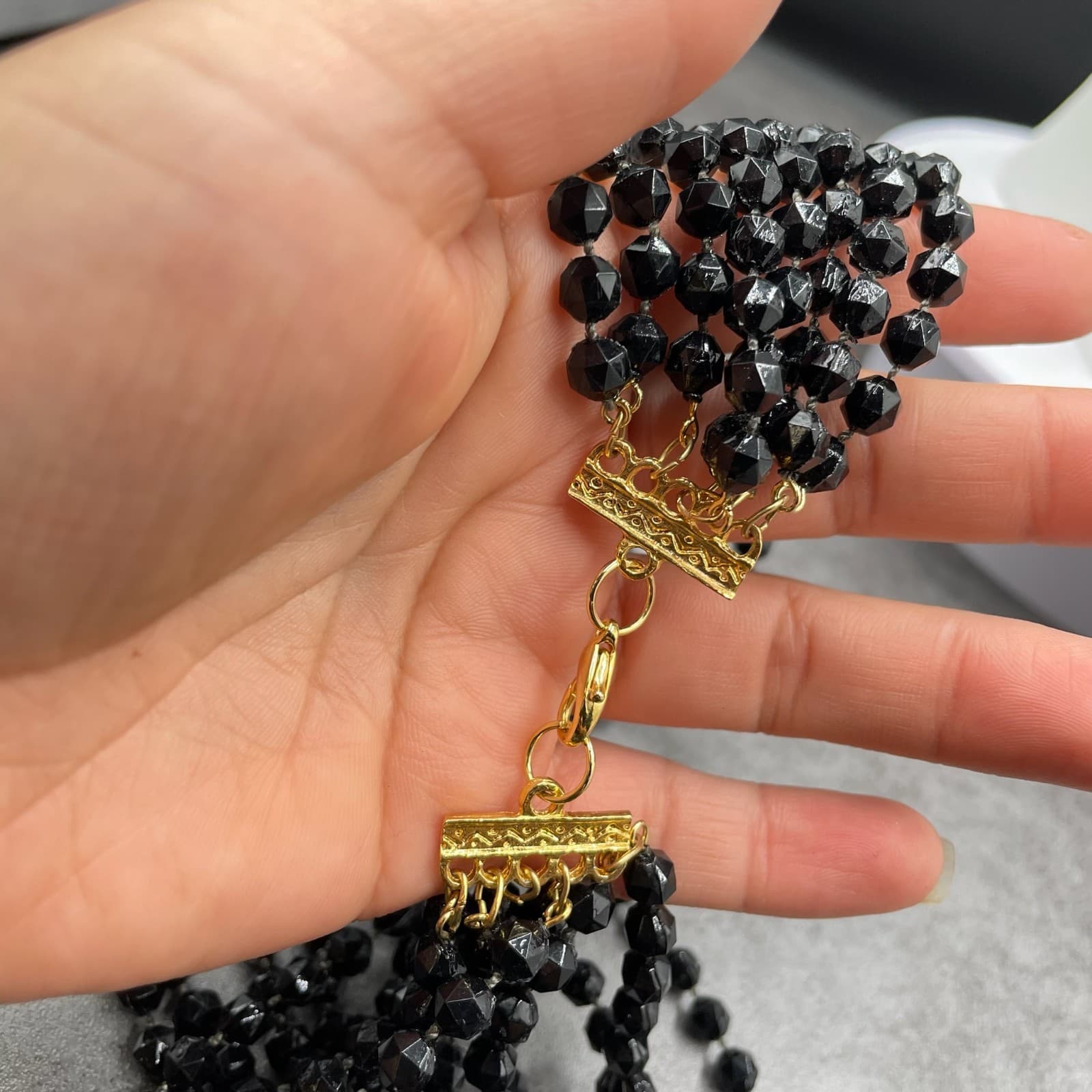 Vintage Multi-Strand Black Faceted Gold-Tone Lobster Beaded Necklace - Size 17" - Thumbnail 10