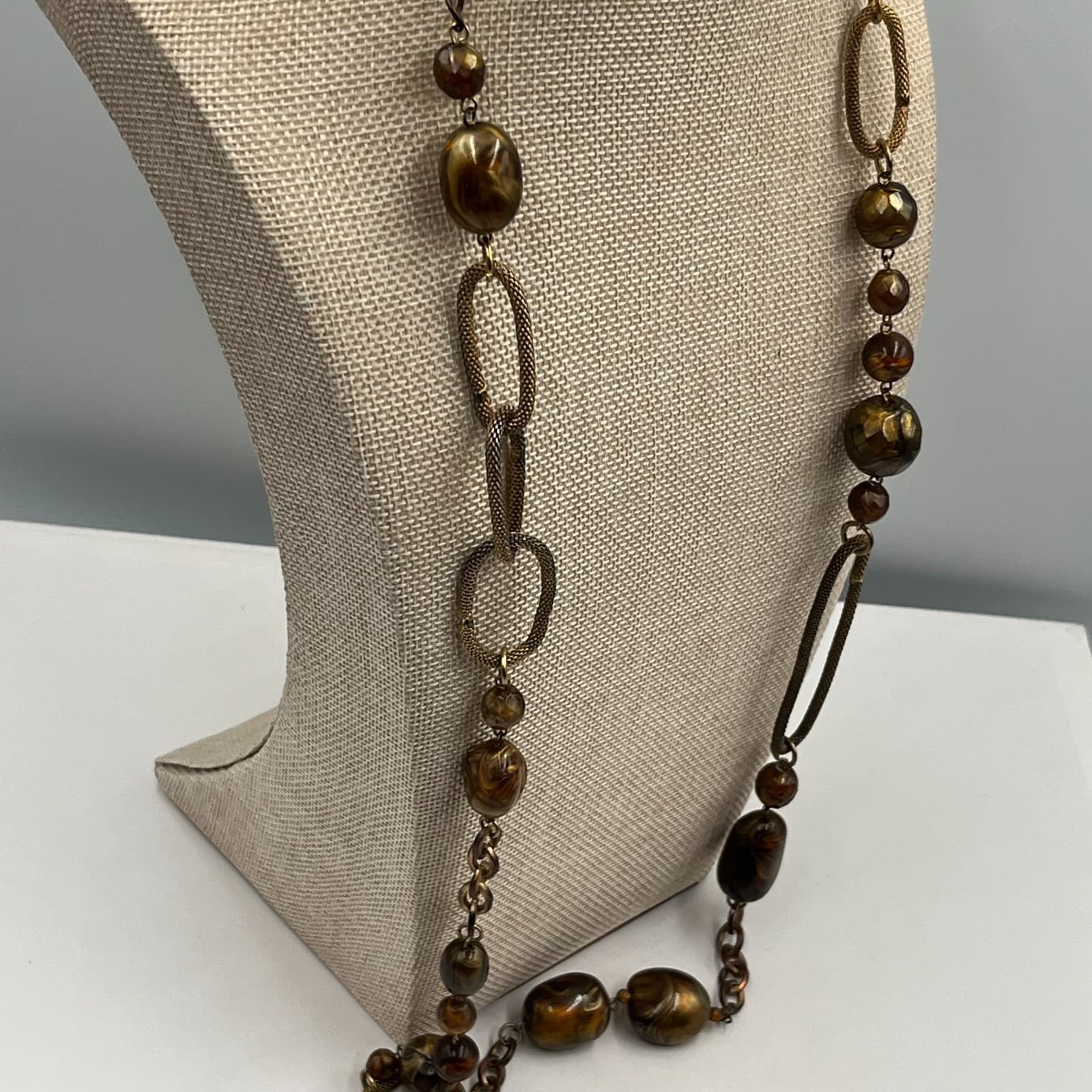 Vintage Amber Beaded Necklace Bronze Tone Mesh Link Chain Statement Boho 18" - Thumbnail 6