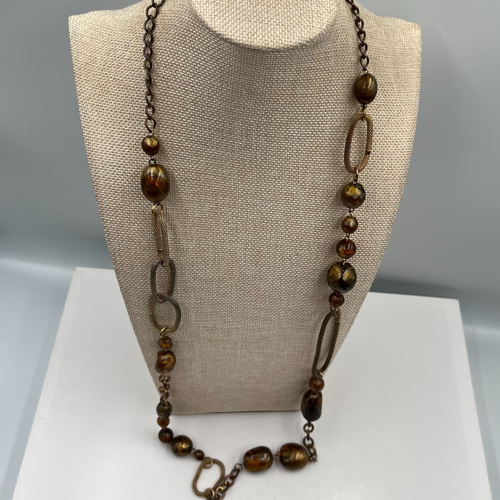 Vintage Amber Beaded Necklace Bronze Tone Mesh Link Chain Statement Boho 18" - Thumbnail 2