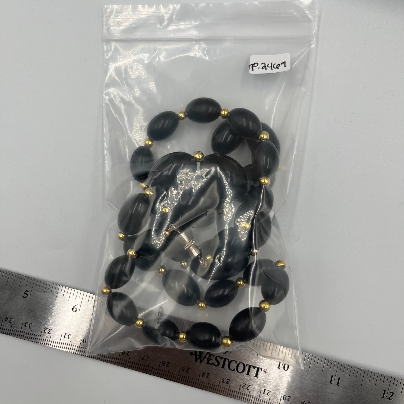 Vintage Black Beaded Necklace Gold Tone Spacers Barrel Clasp 24" Oval Beads MCM - Thumbnail 8