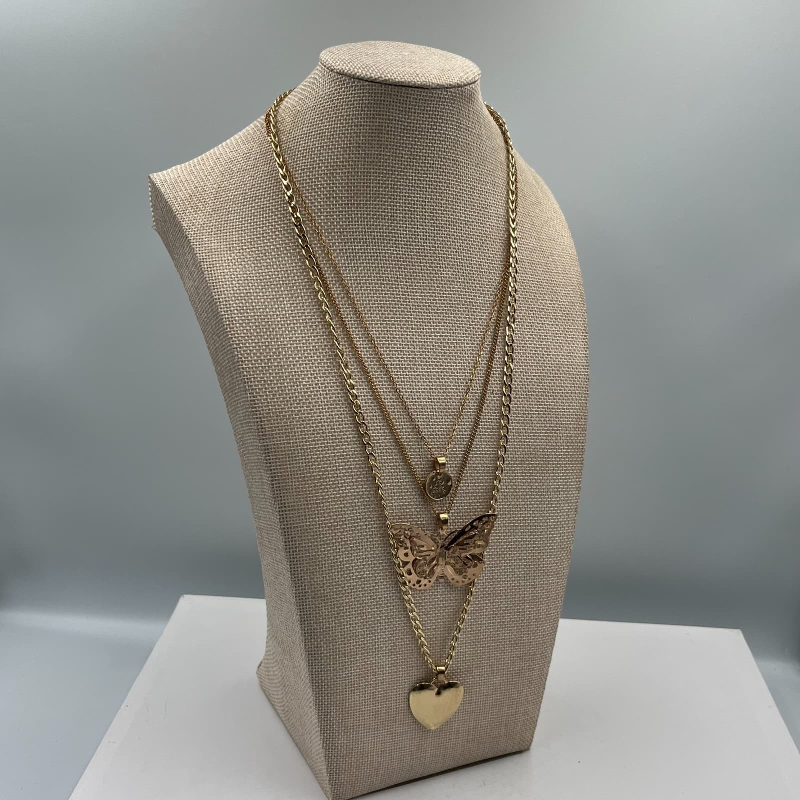 Vtg Gold Tone Multi Strand Layered Necklace Butterfly Heart Disc Boho Jewelry - Thumbnail 4