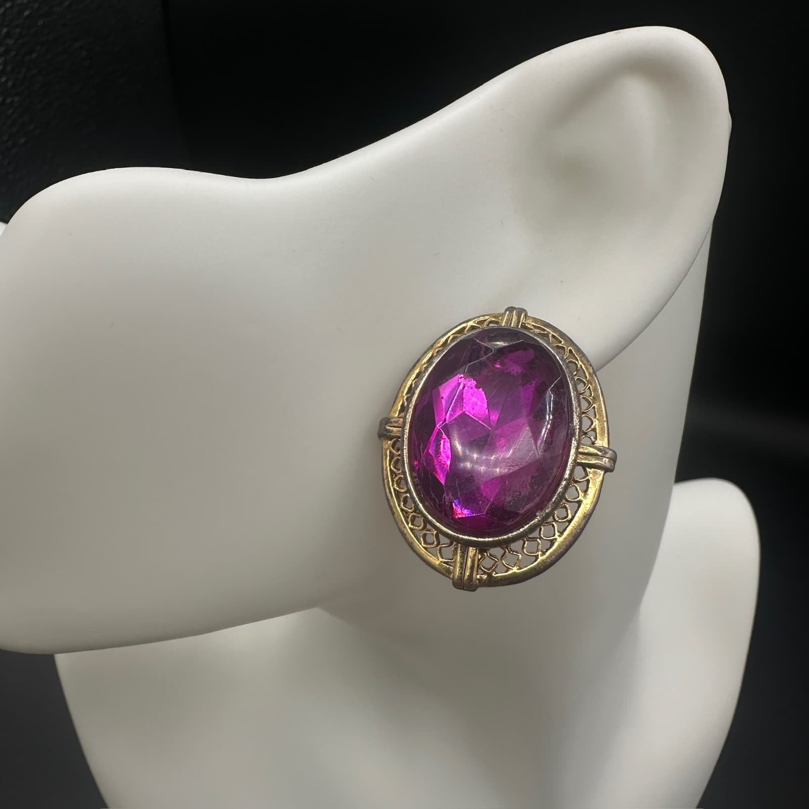 Vintage Gold-Tone Clip-On Statement Earrings w/ Large Pink Gem - Thumbnail 4