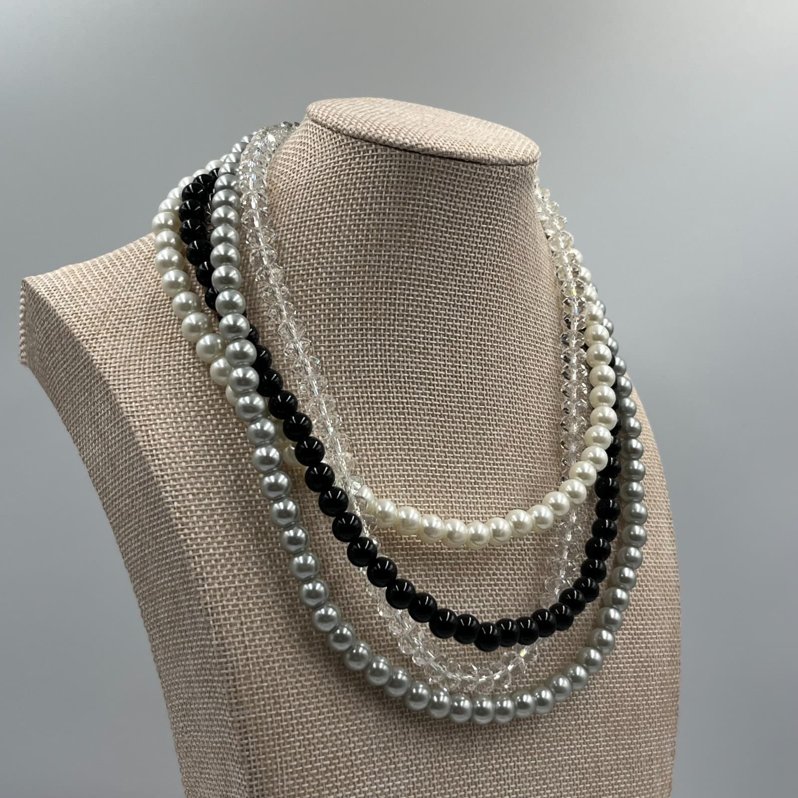 Vintage Multi Strand Faux Pearl Necklace Crystal Beads Layered Statement Choker - Thumbnail 4