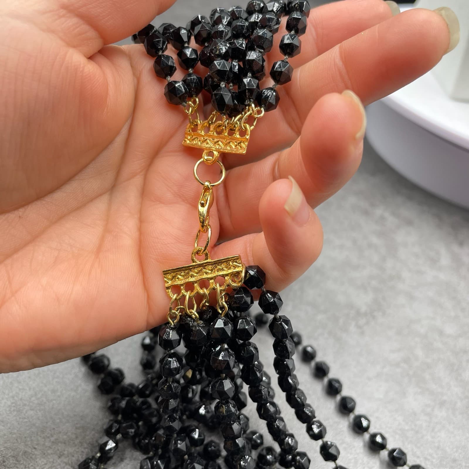 Vintage Multi-Strand Black Faceted Gold-Tone Lobster Beaded Necklace - Size 17" - Thumbnail 9